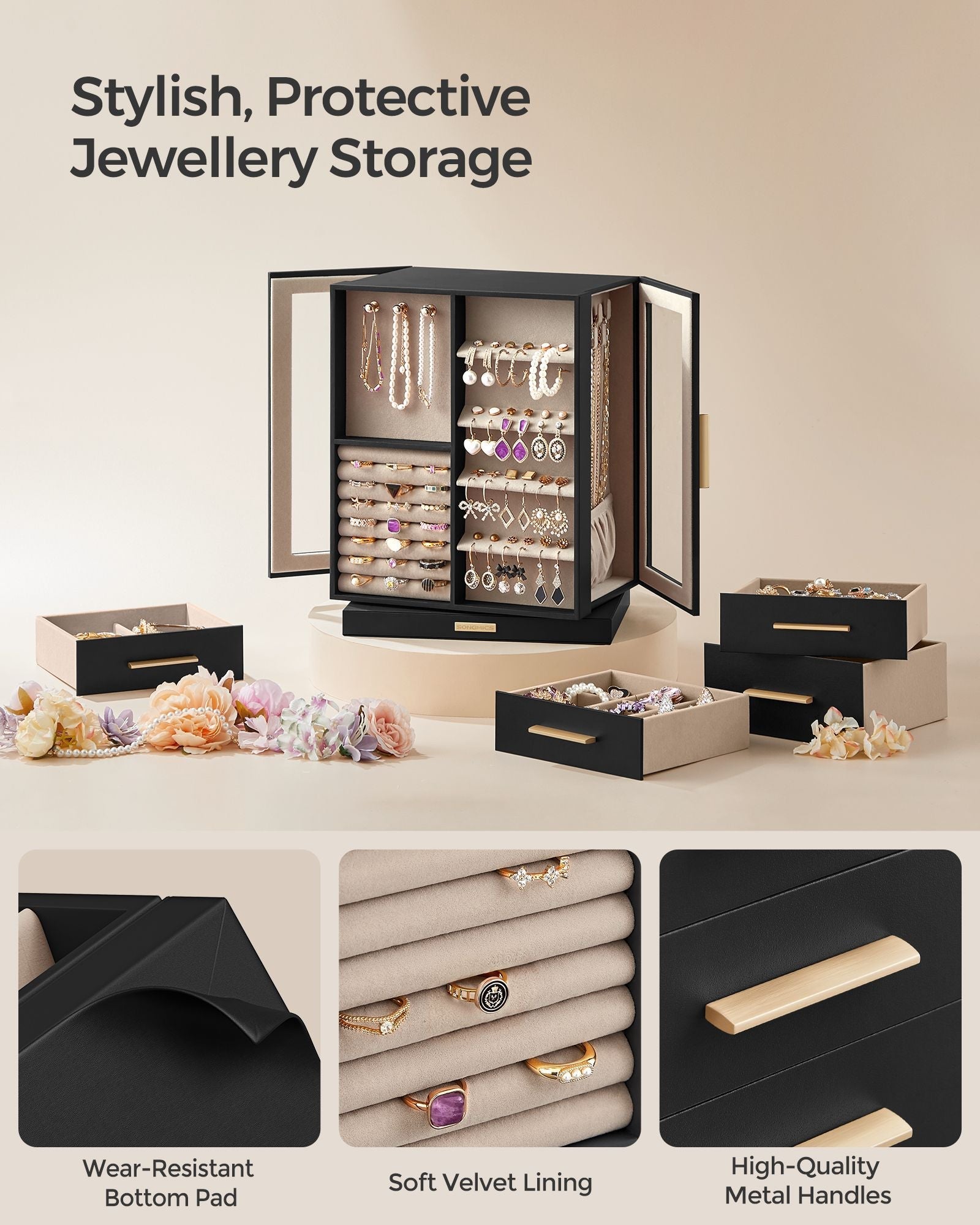 Jewellery Box - Wood - Black - 360° Rotating with Glass Window and 5 Drawers