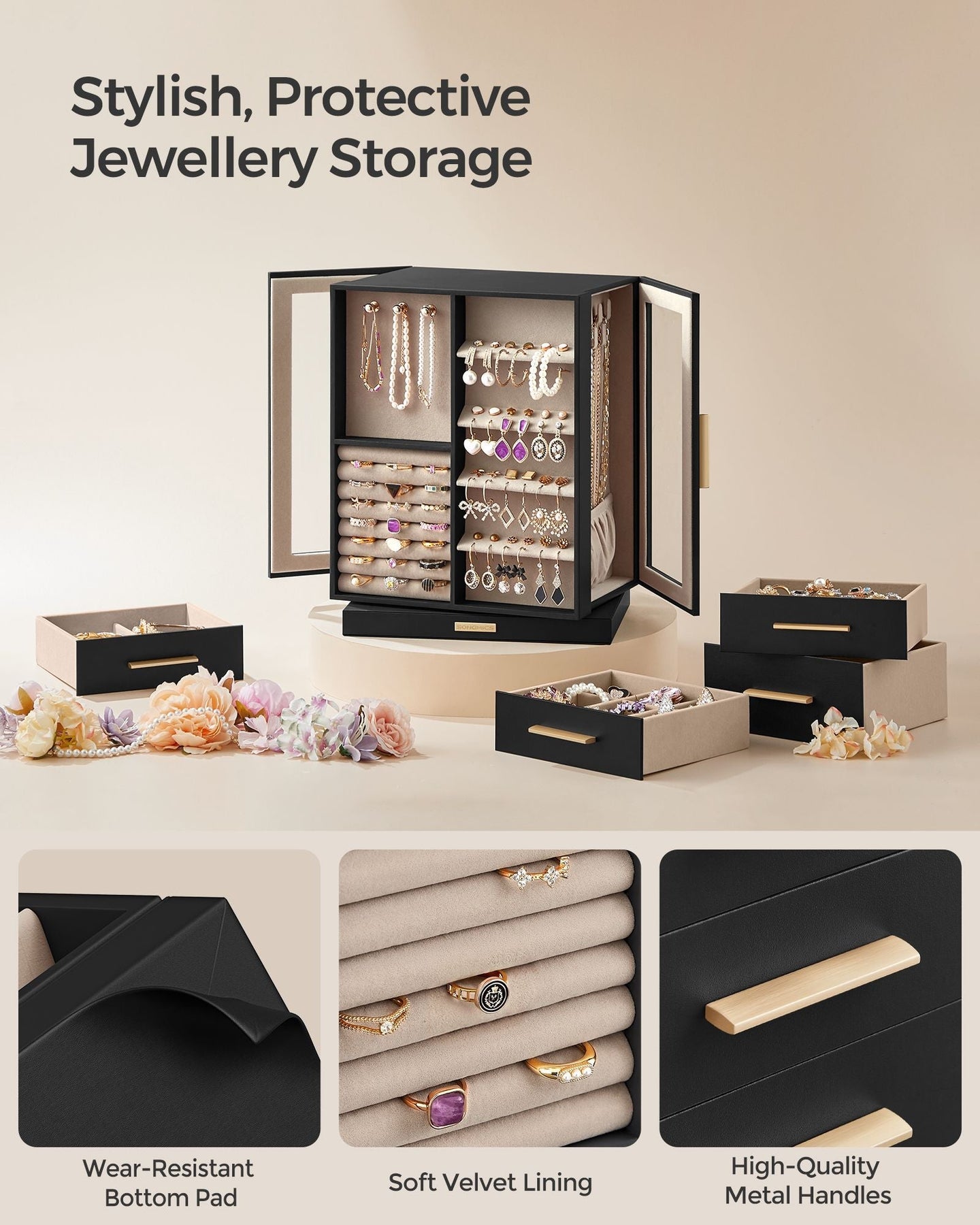 Jewellery Box - Wood - Black - 360° Rotating with Glass Window and 5 Drawers
