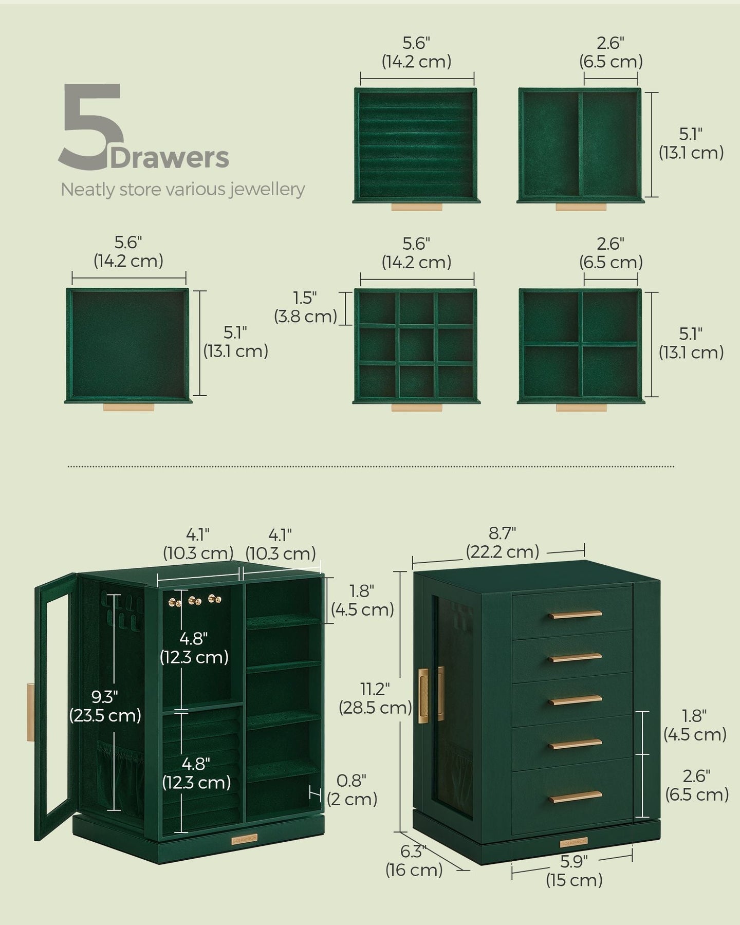Jewellery Box - Wood - Black - 360° Rotating with Glass Window and 5 Drawers