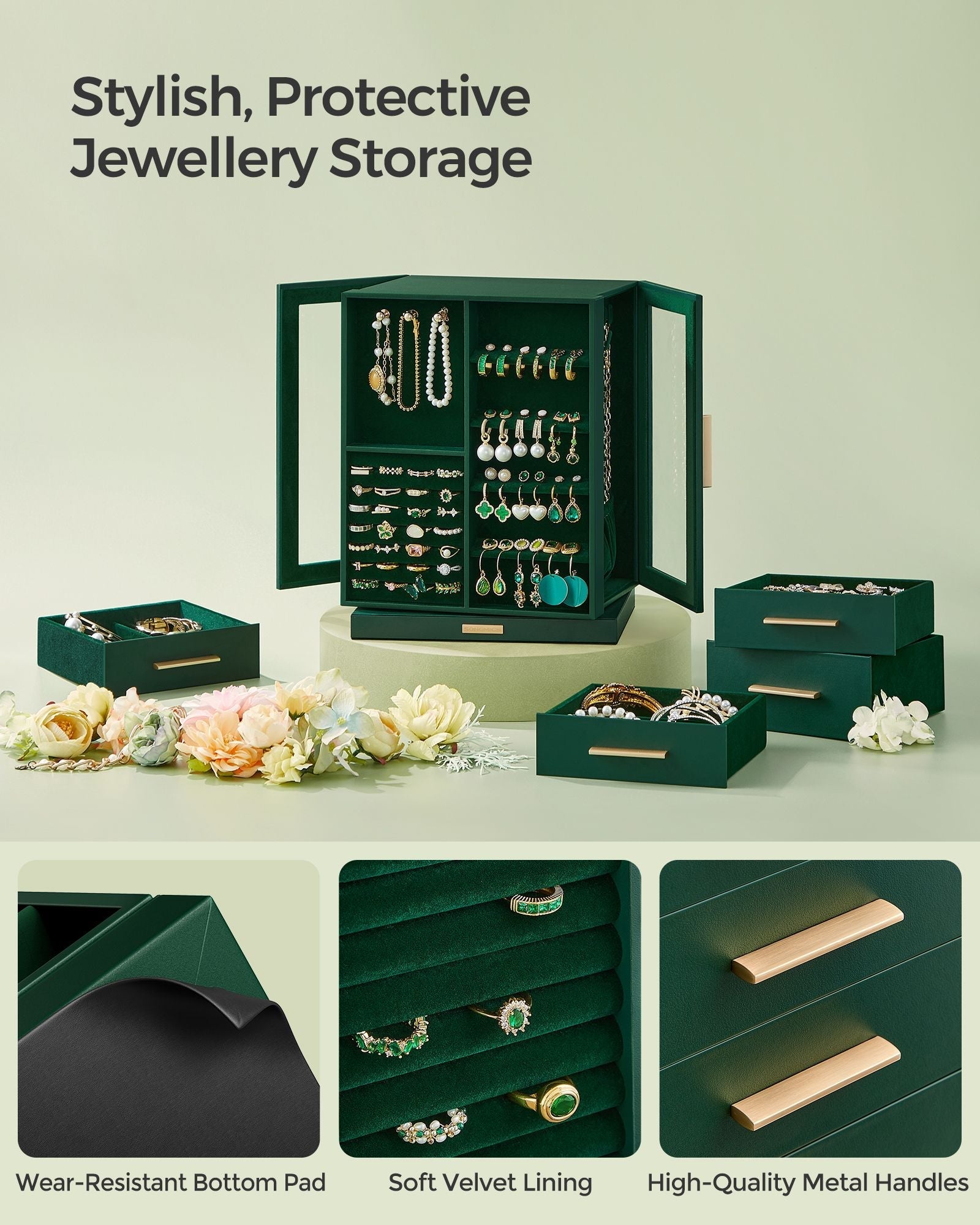 Jewellery Box - Wood - Black - 360° Rotating with Glass Window and 5 Drawers