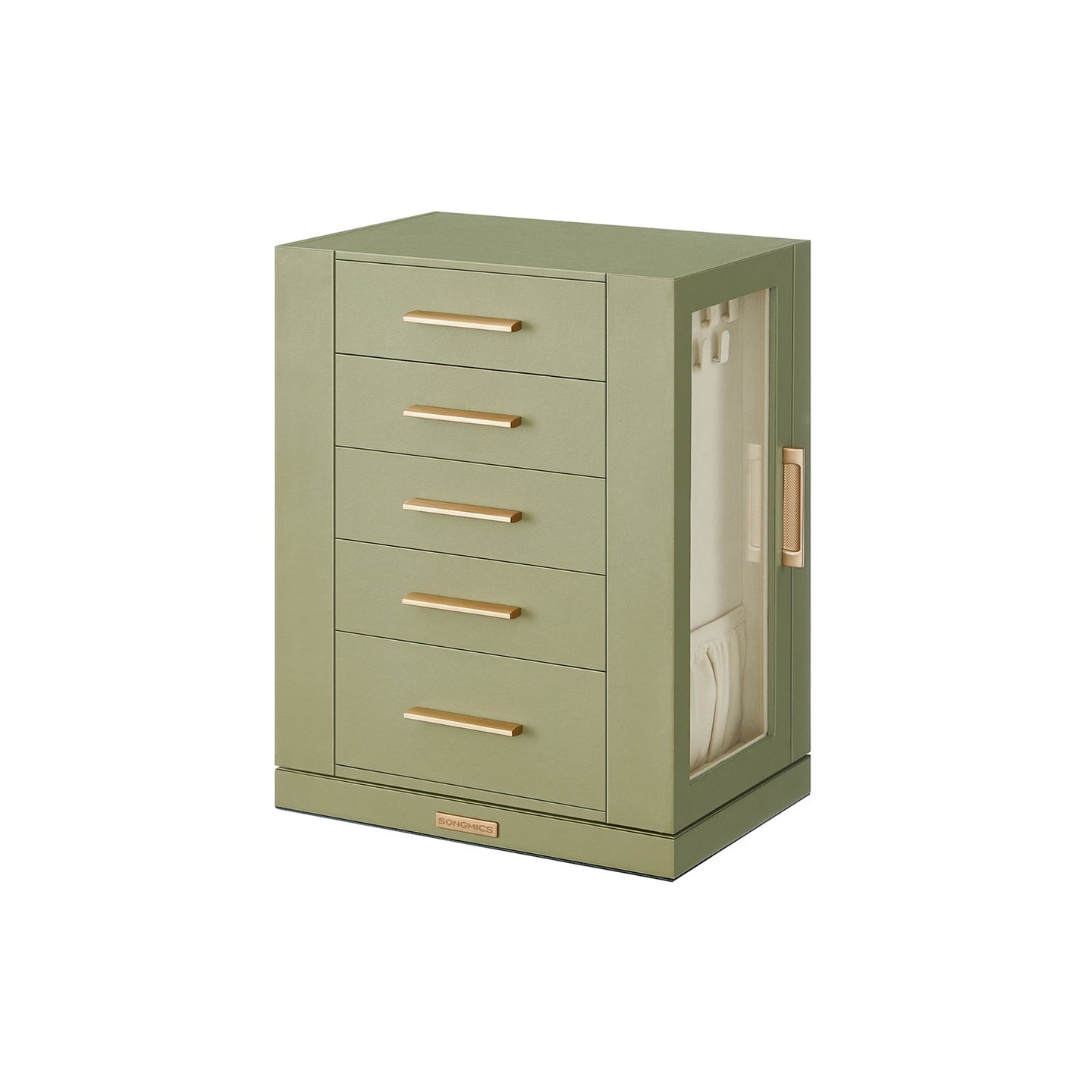 Jewellery Box - Glass - Laurel Green - 360° Rotating with 5 Drawers