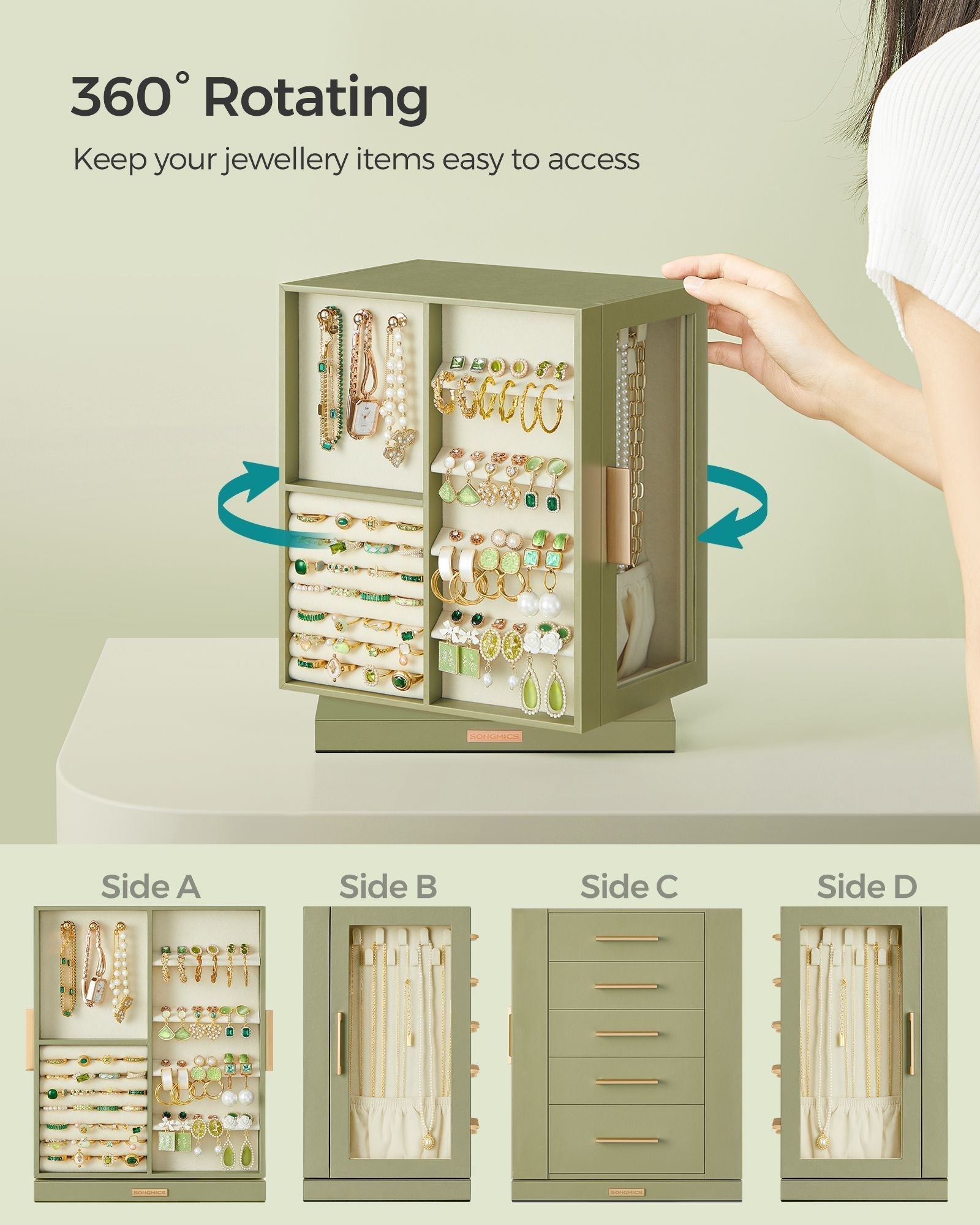 Jewellery Box - Glass - Laurel Green - 360° Rotating with 5 Drawers
