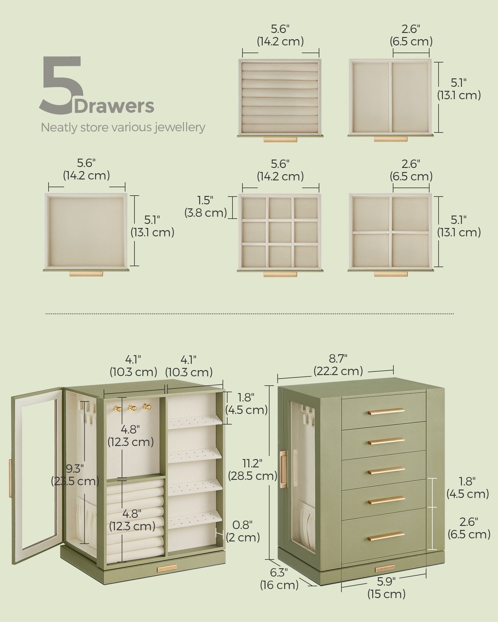 Jewellery Box - Glass - Laurel Green - 360° Rotating with 5 Drawers