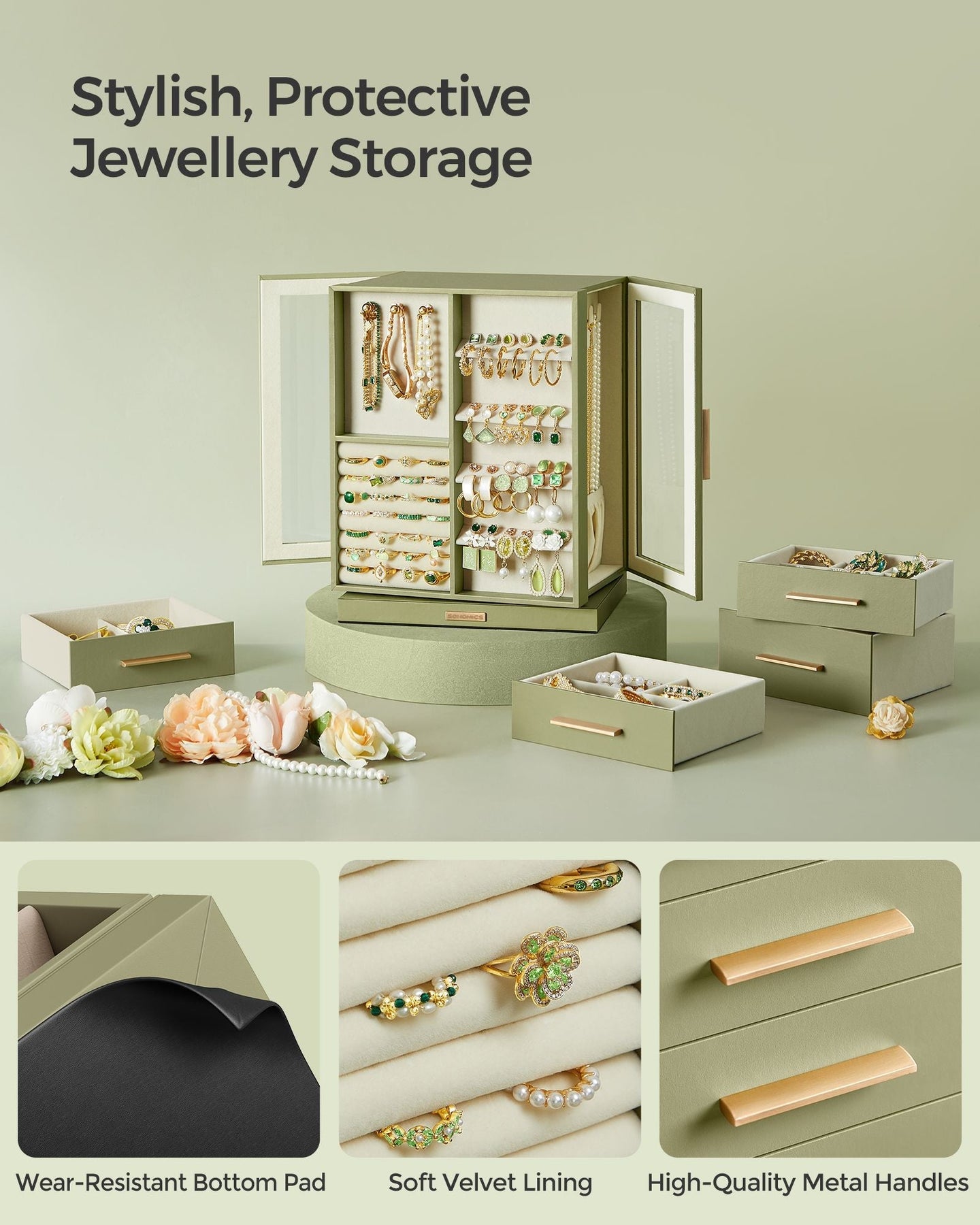 Jewellery Box - Glass - Laurel Green - 360° Rotating with 5 Drawers