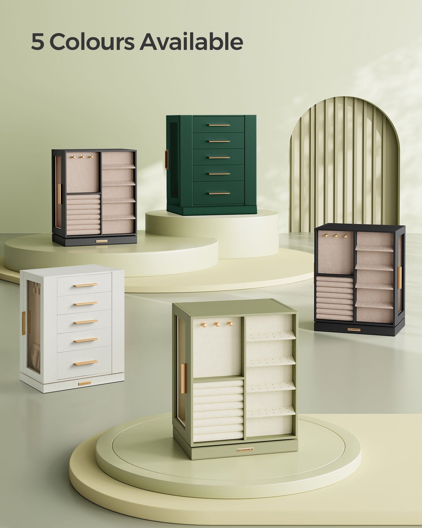 Jewellery Box - Glass - Laurel Green - 360° Rotating with 5 Drawers