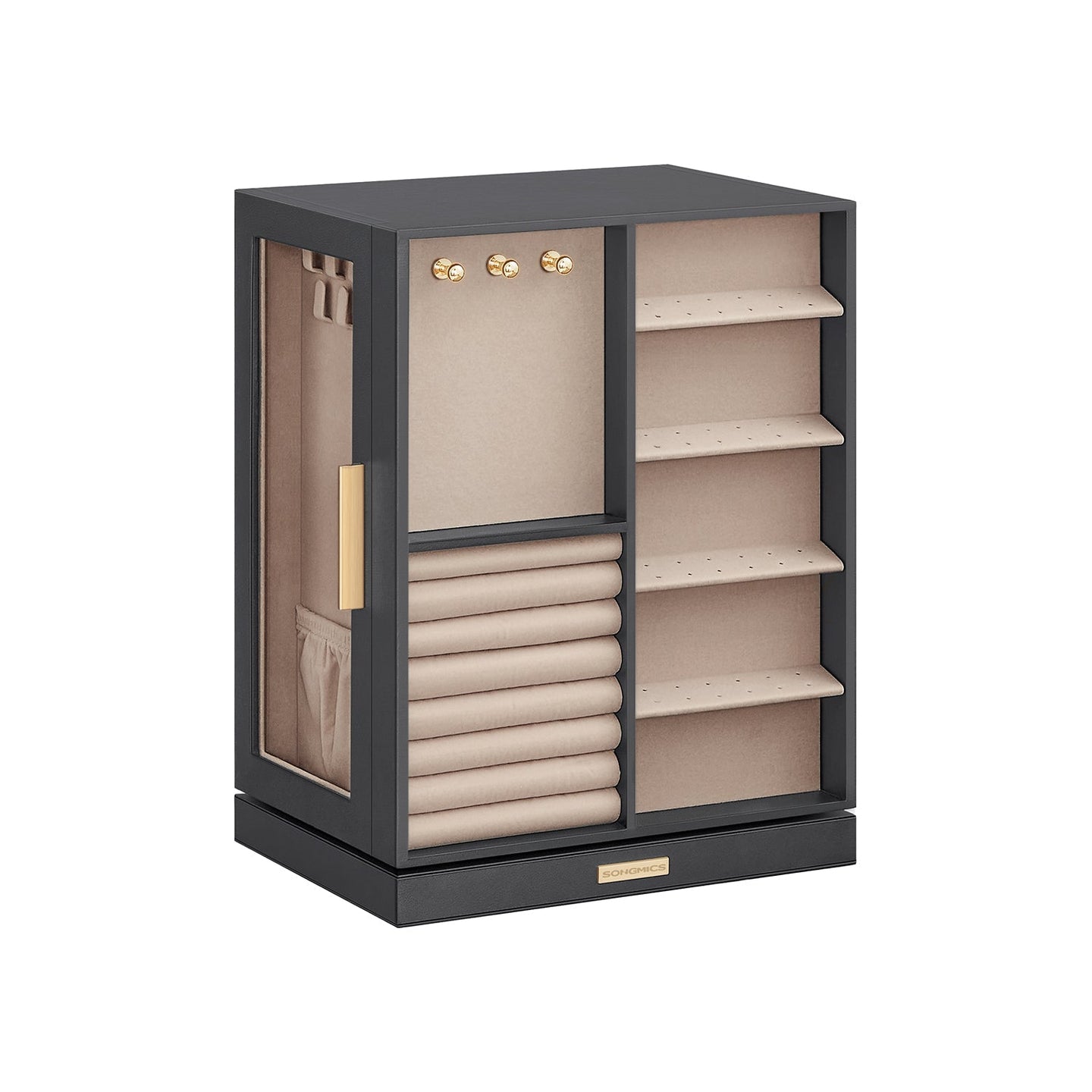 Jewellery Box - Wood - Black - 360° Rotating with Glass Window and 5 Drawers
