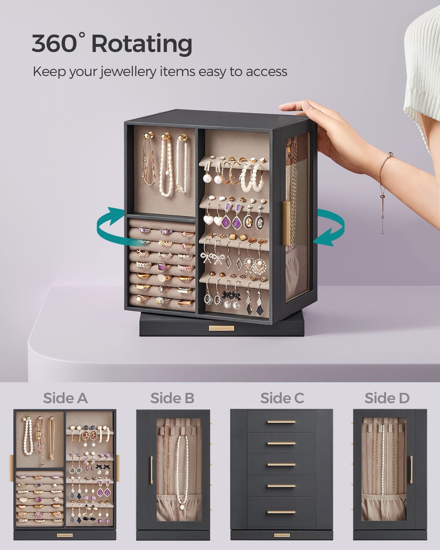 Jewellery Box - Wood - Black - 360° Rotating with Glass Window and 5 Drawers