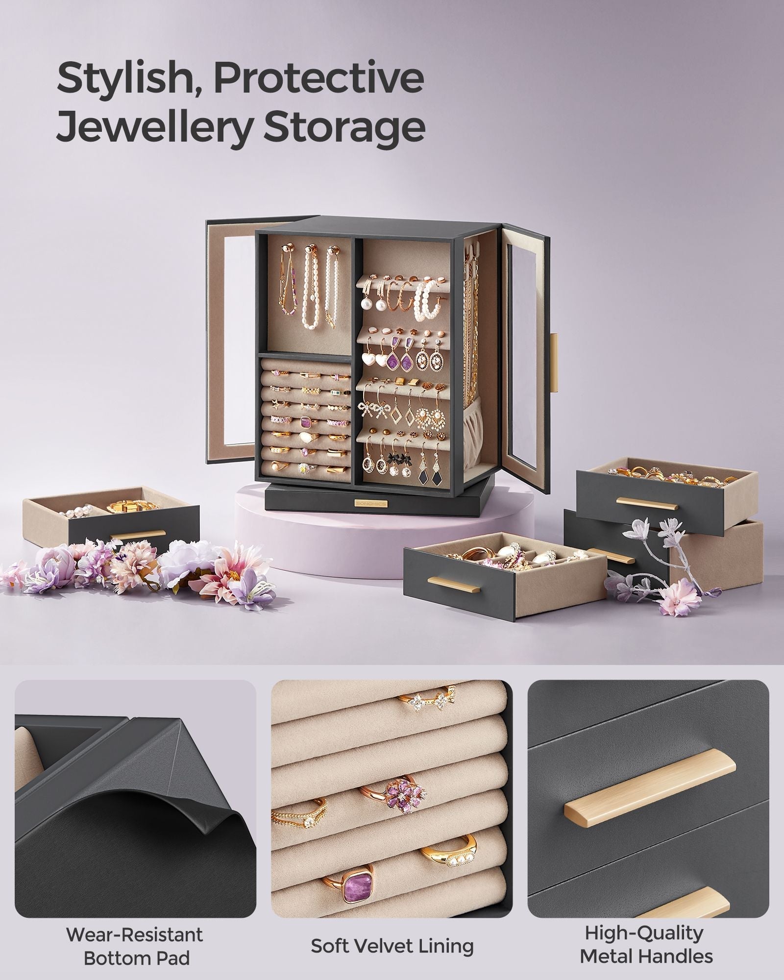 Jewellery Box - Wood - Black - 360° Rotating with Glass Window and 5 Drawers