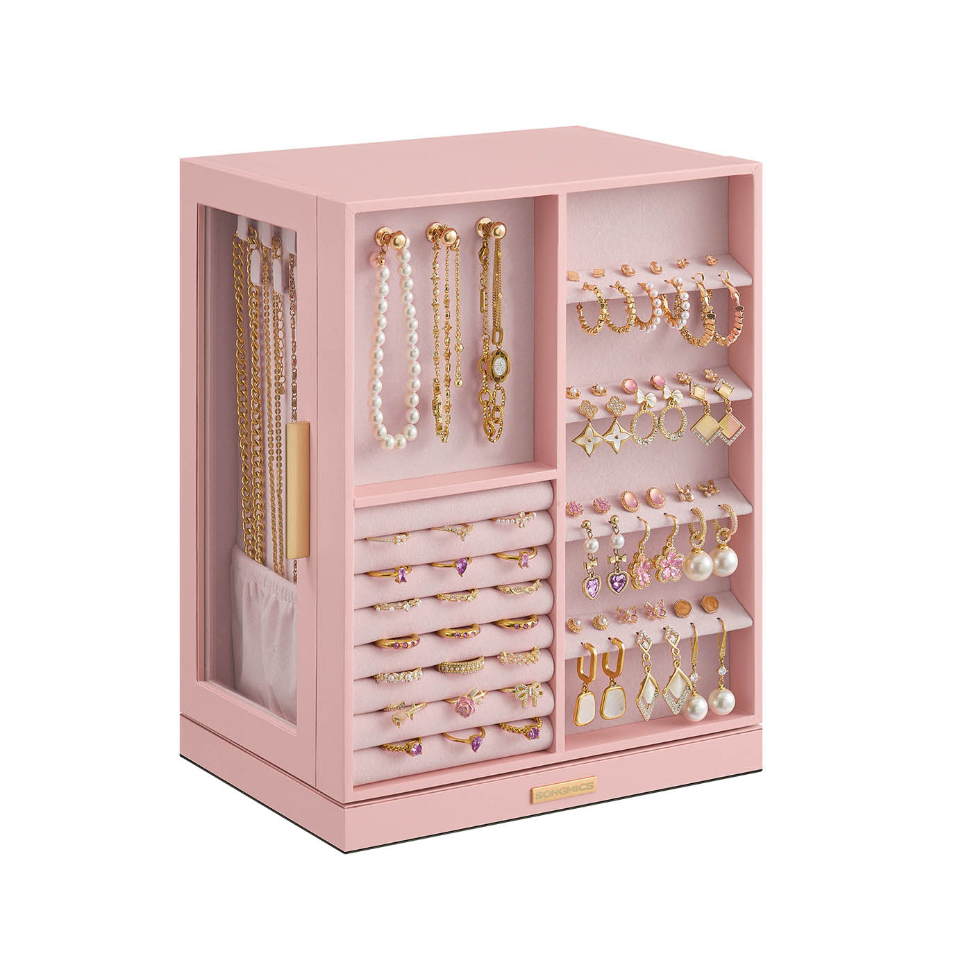 Jewellery Box - Glass - Jelly Pink - 360° Rotating with 5 Drawers and Open Design