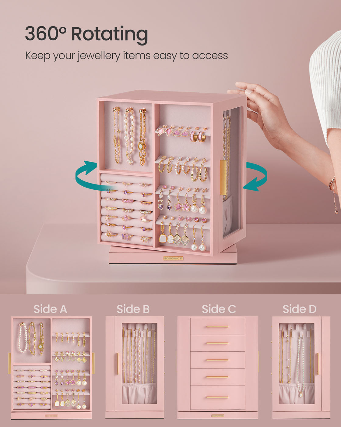Jewellery Box - Glass - Jelly Pink - 360° Rotating with 5 Drawers and Open Design