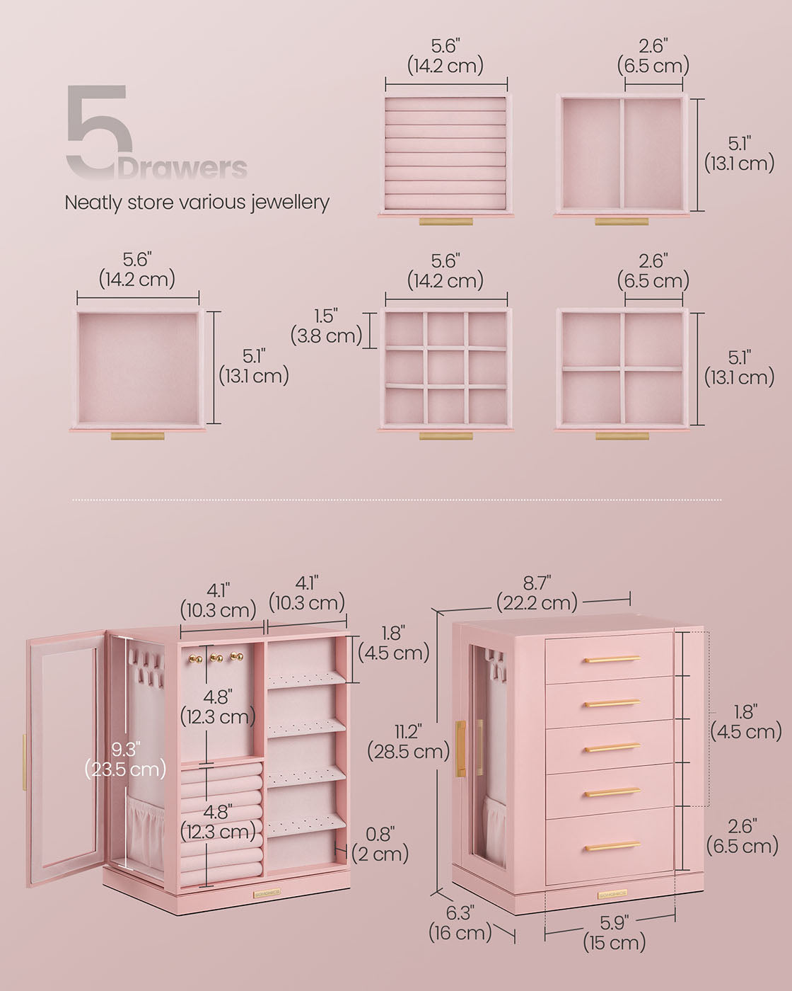 Jewellery Box - Glass - Jelly Pink - 360° Rotating with 5 Drawers and Open Design