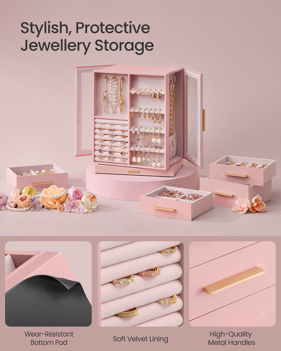 Jewellery Box - Glass - Jelly Pink - 360° Rotating with 5 Drawers and Open Design