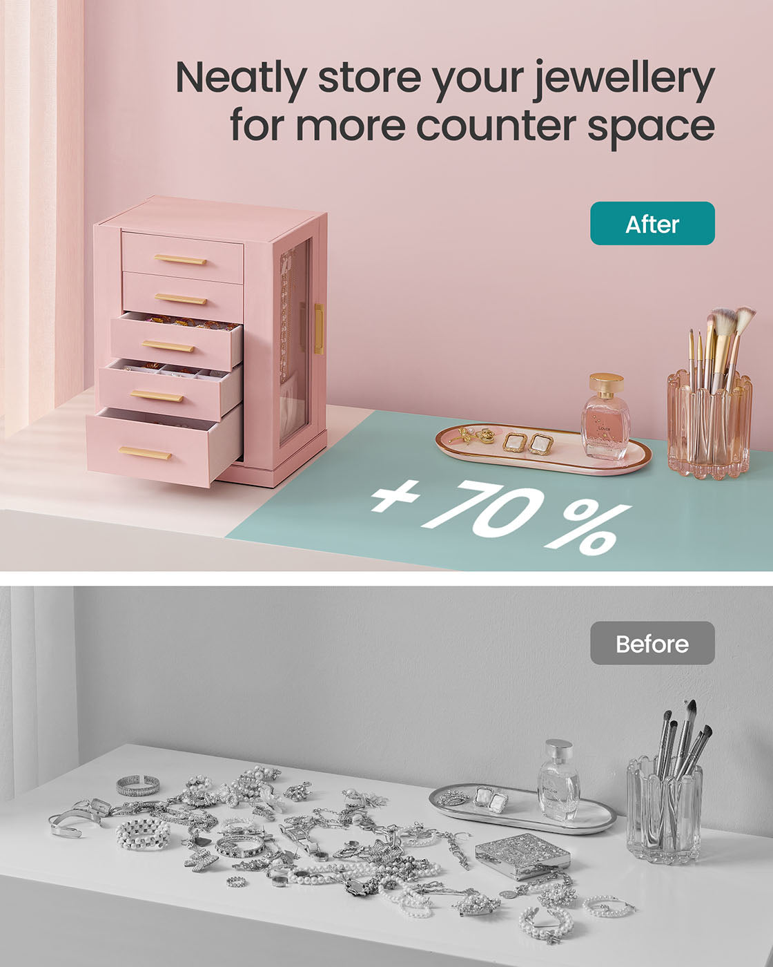 Jewellery Box - Glass - Jelly Pink - 360° Rotating with 5 Drawers and Open Design