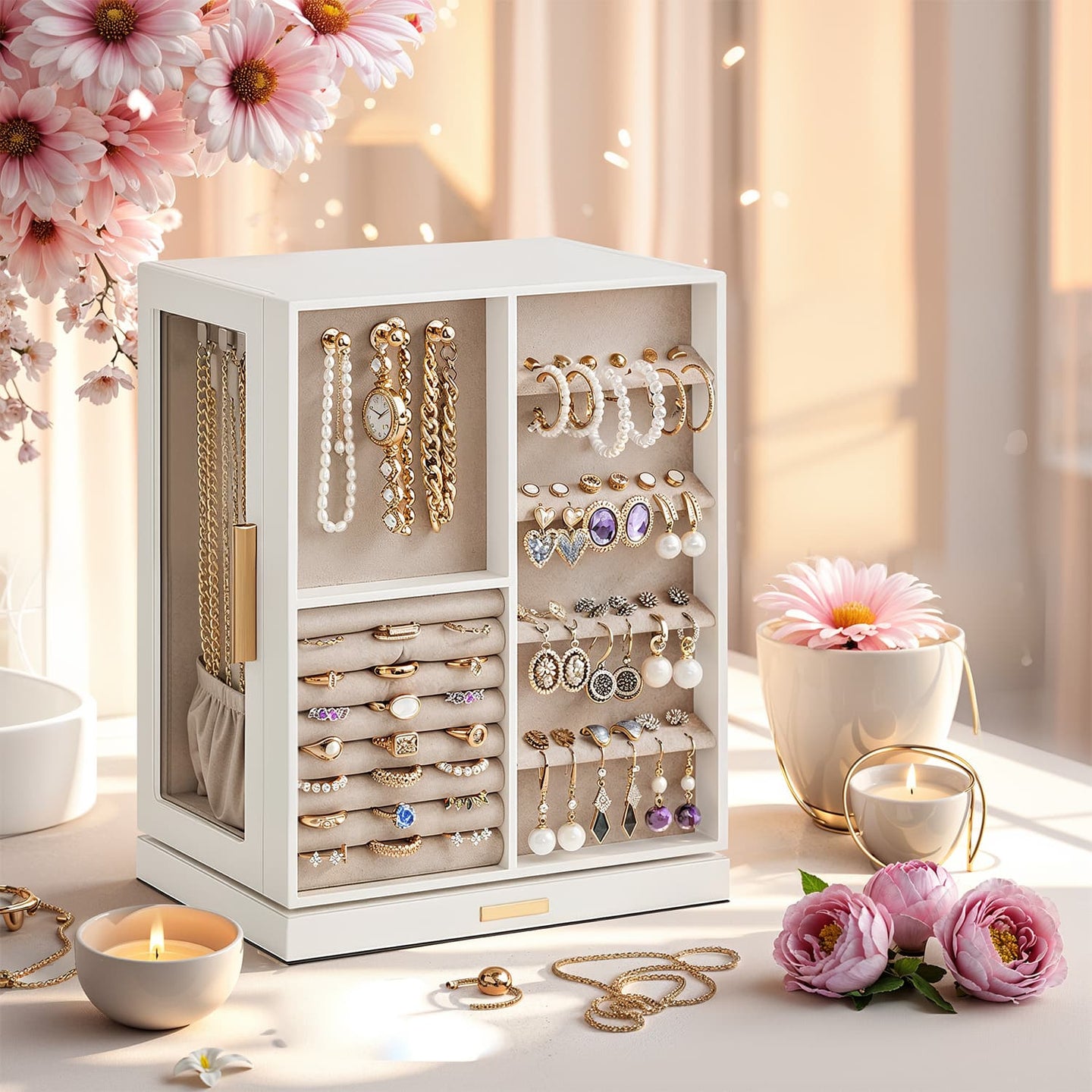 Jewellery Box - Wood - White - 360° Rotating with 5 Drawers and Spacious Vertical Storage