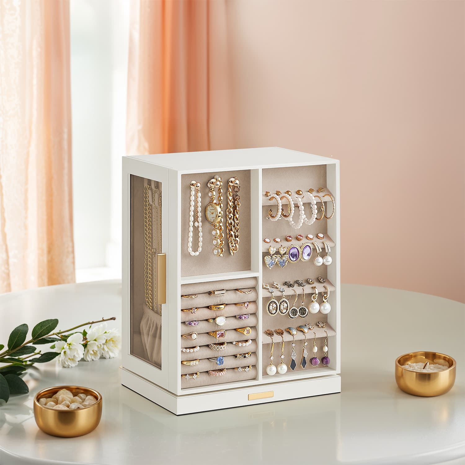 Jewellery Box - Wood - White - 360° Rotating with 5 Drawers and Spacious Vertical Storage