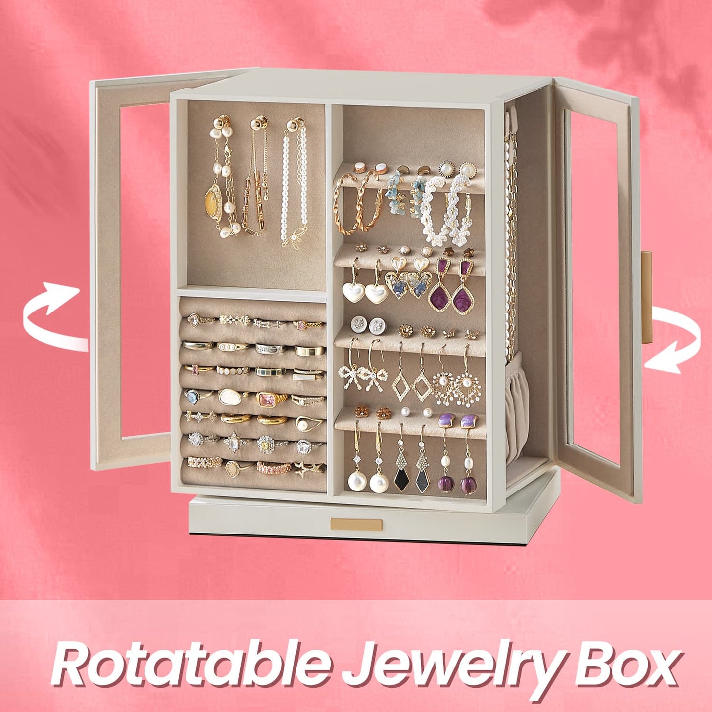 Jewellery Box - Wood - White - 360° Rotating with 5 Drawers and Spacious Vertical Storage