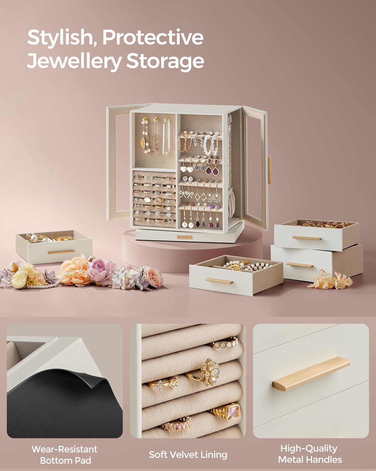Jewellery Box - Wood - Black - 360° Rotating with Glass Window and 5 Drawers