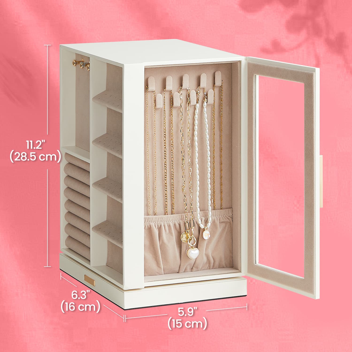 Jewellery Box - Wood - White - 360° Rotating with 5 Drawers and Spacious Vertical Storage