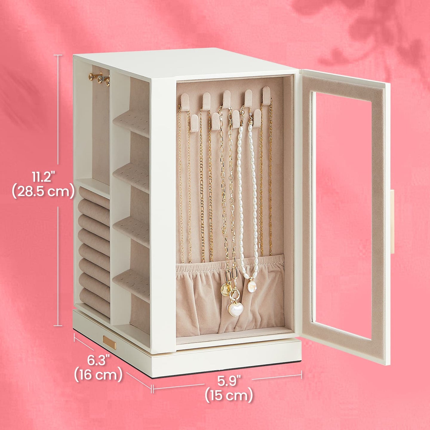 Jewellery Box - Wood - White - 360° Rotating with 5 Drawers and Spacious Vertical Storage