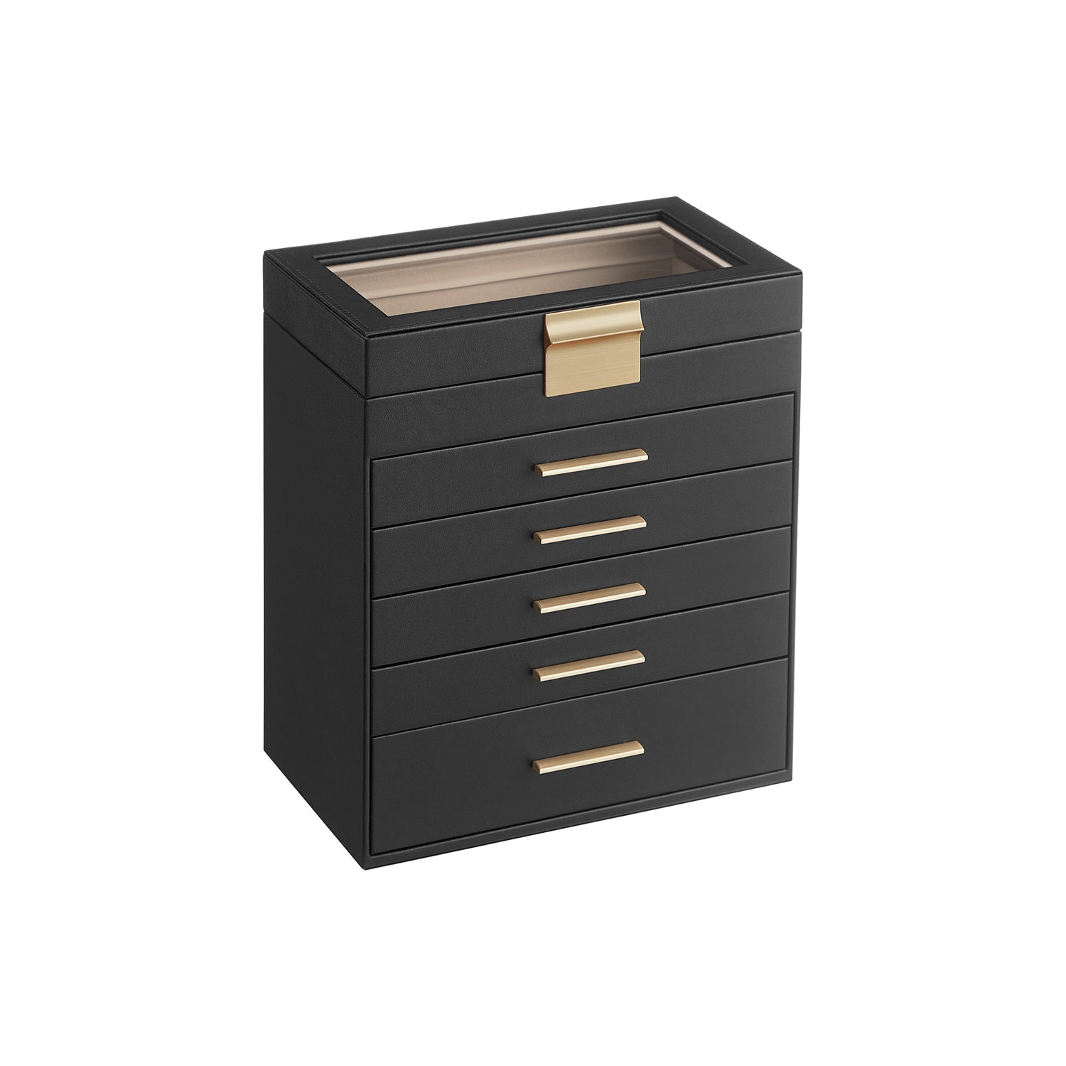 6-Tier Jewellery Box - Glass - Graphite Black and Gold - Modern Style with 5 Drawers