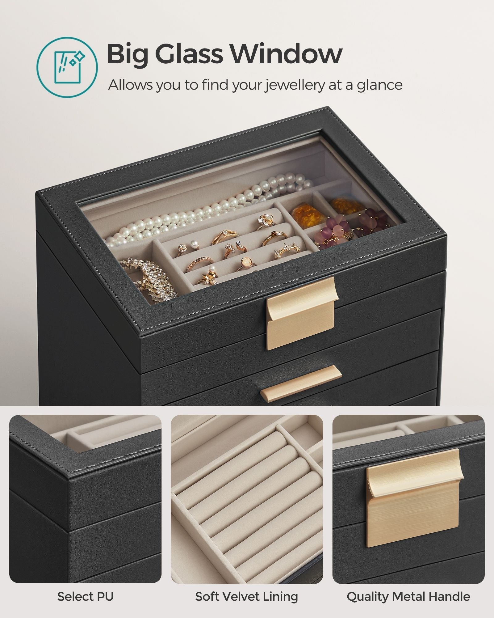6-Tier Jewellery Box - Glass - Graphite Black and Gold - Modern Style with 5 Drawers