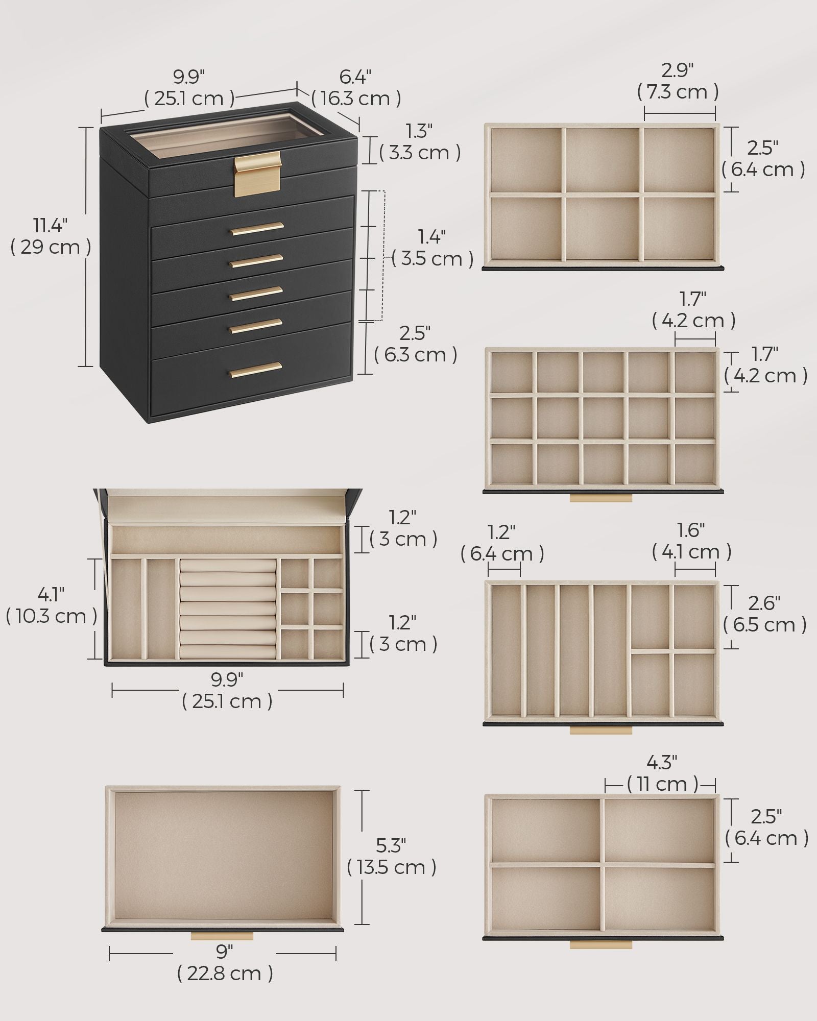 6-Tier Jewellery Box - Glass - Graphite Black and Gold - Modern Style with 5 Drawers