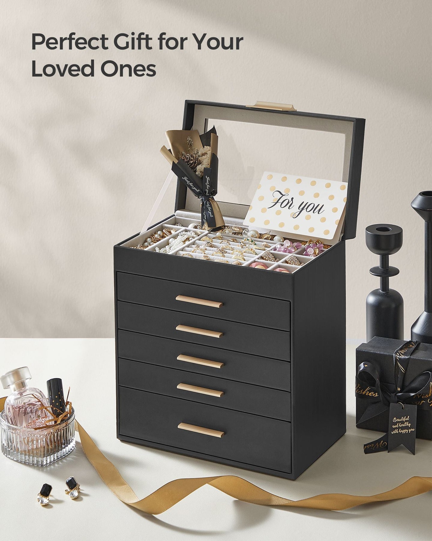 6-Tier Jewellery Box - Glass - Graphite Black and Gold - Modern Style with 5 Drawers