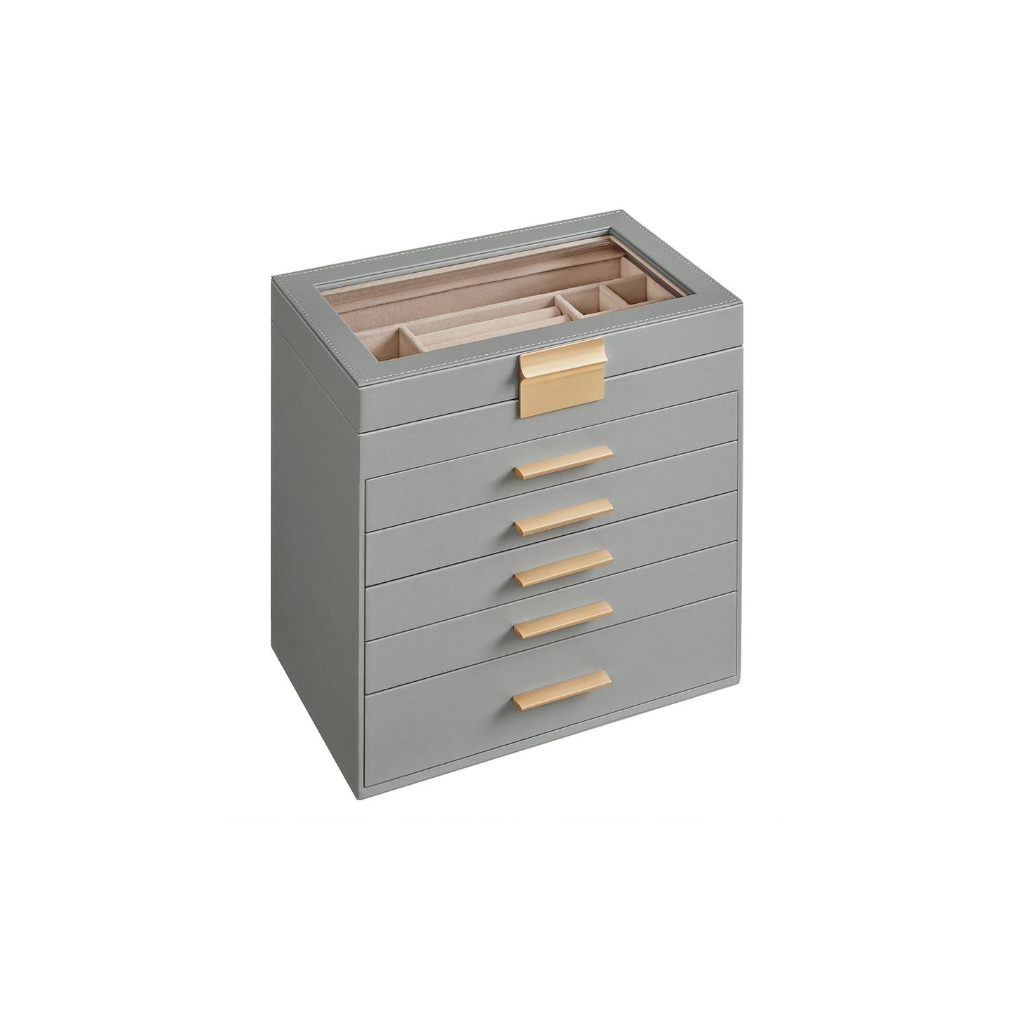 Jewellery Box - 6-Tier Design with Lid - Wood - Dove Grey and Gold