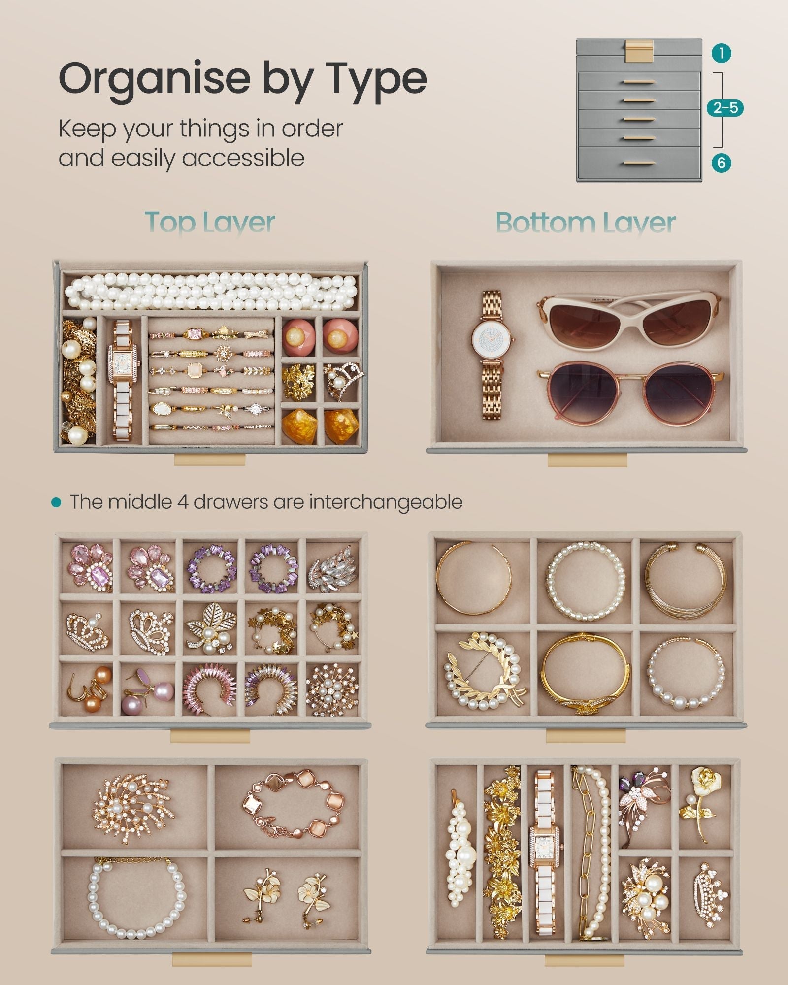 Jewellery Box - 6-Tier Design with Lid - Wood - Dove Grey and Gold