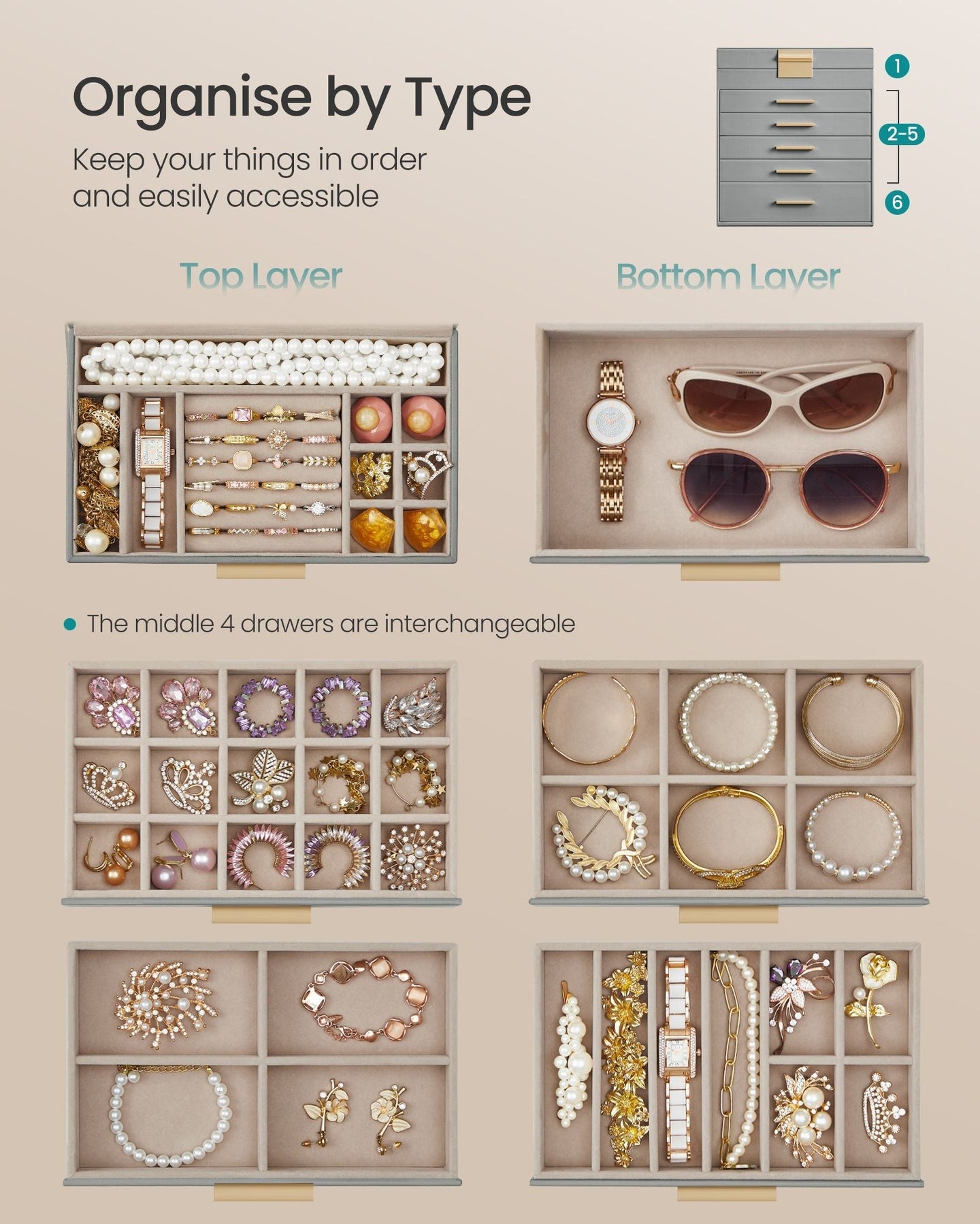 Jewellery Box - 6-Tier Design with Lid - Wood - Dove Grey and Gold
