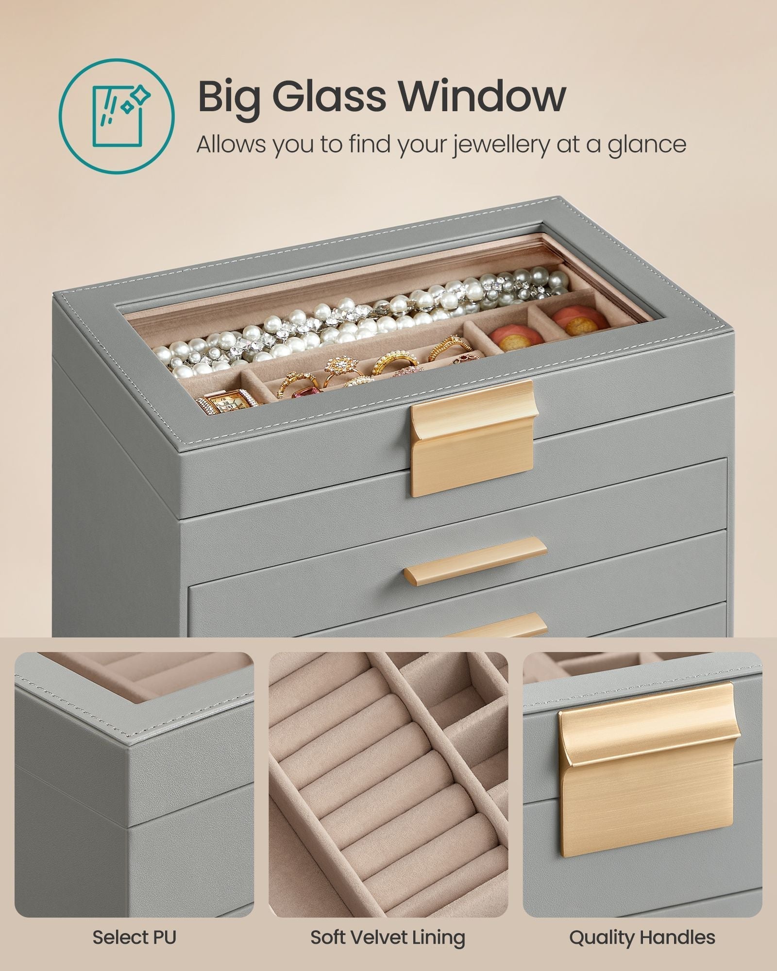 Jewellery Box - 6-Tier Design with Lid - Wood - Dove Grey and Gold
