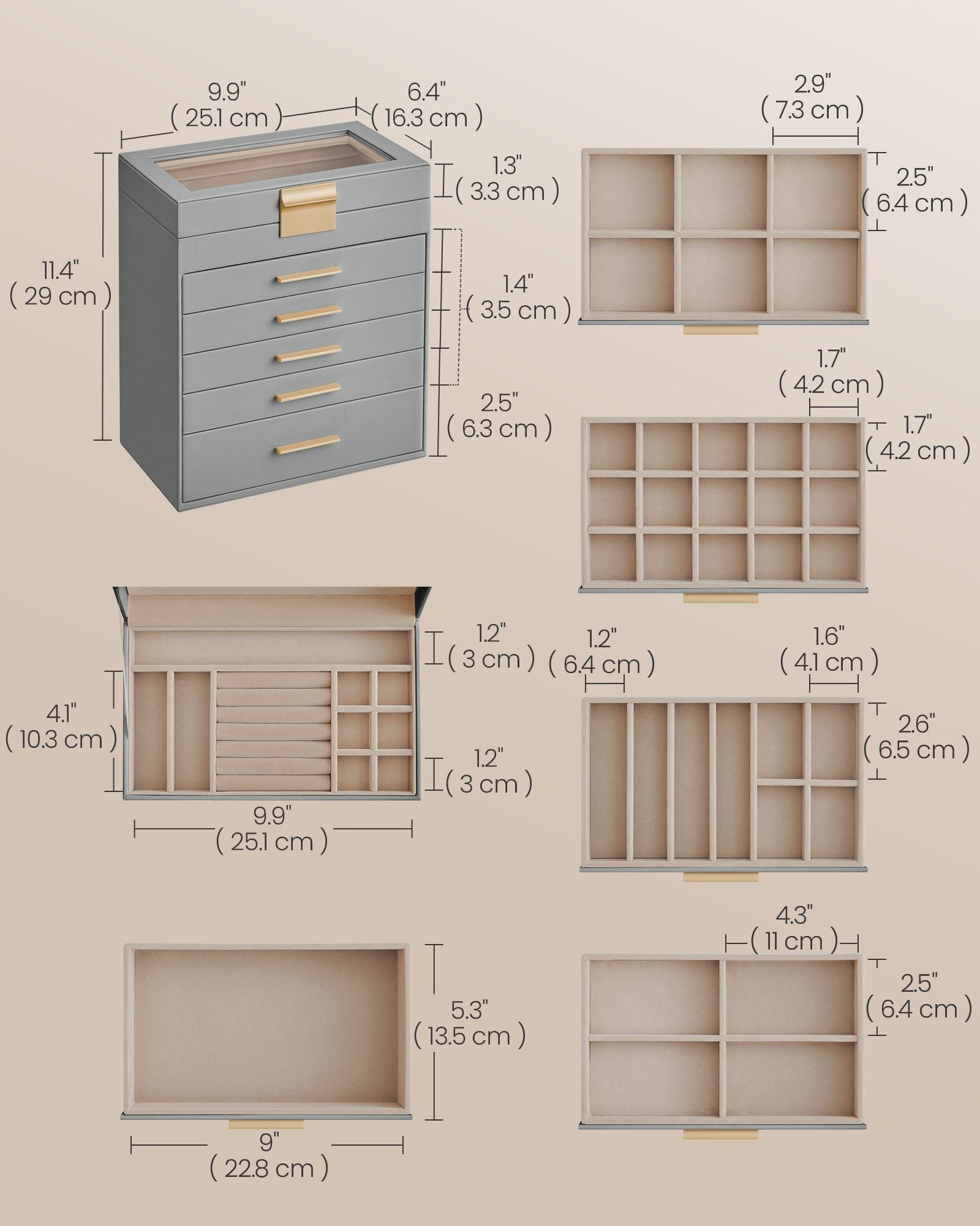 Jewellery Box - 6-Tier Design with Lid - Wood - Dove Grey and Gold