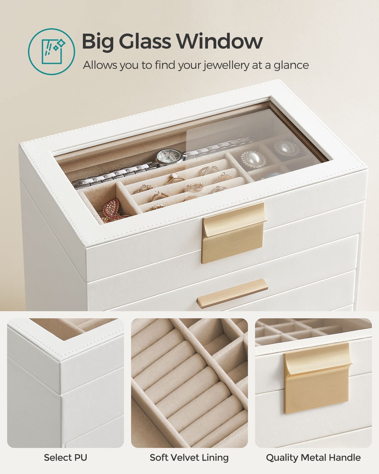 6-Tier Jewellery Box - Glass - Cloud White and Gold