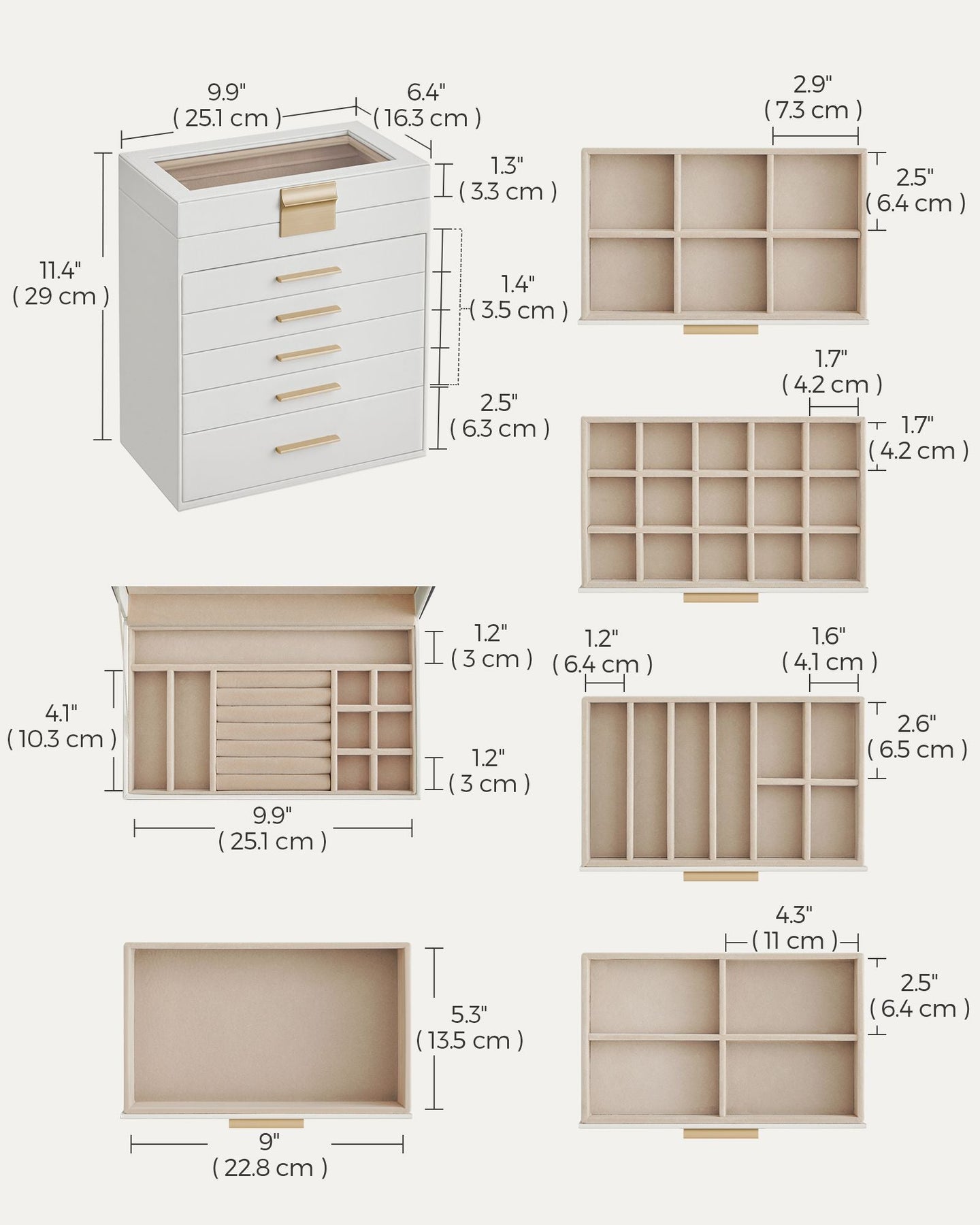 6-Tier Jewellery Box - Glass - Cloud White and Gold
