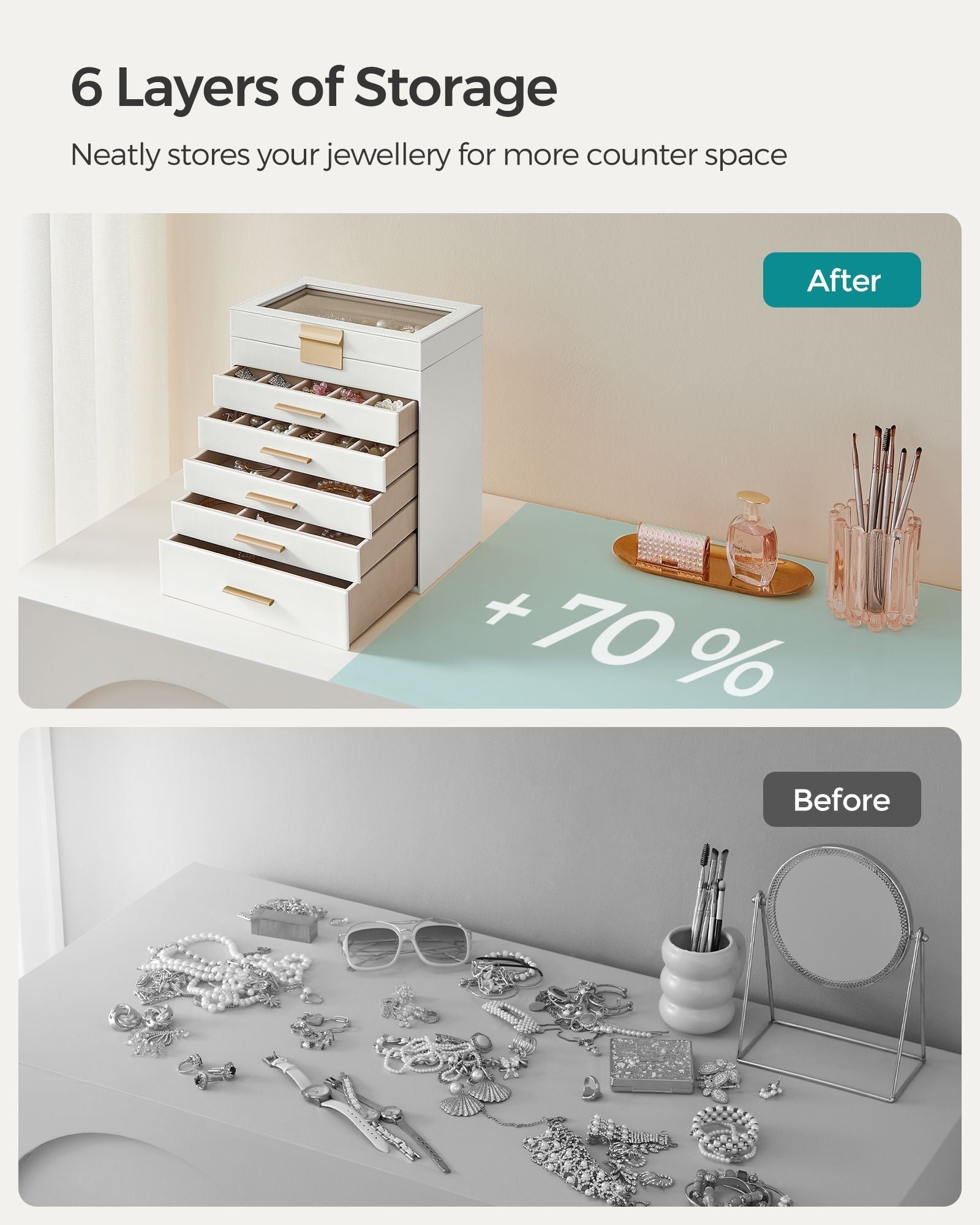 6-Tier Jewellery Box - Glass - Cloud White and Gold
