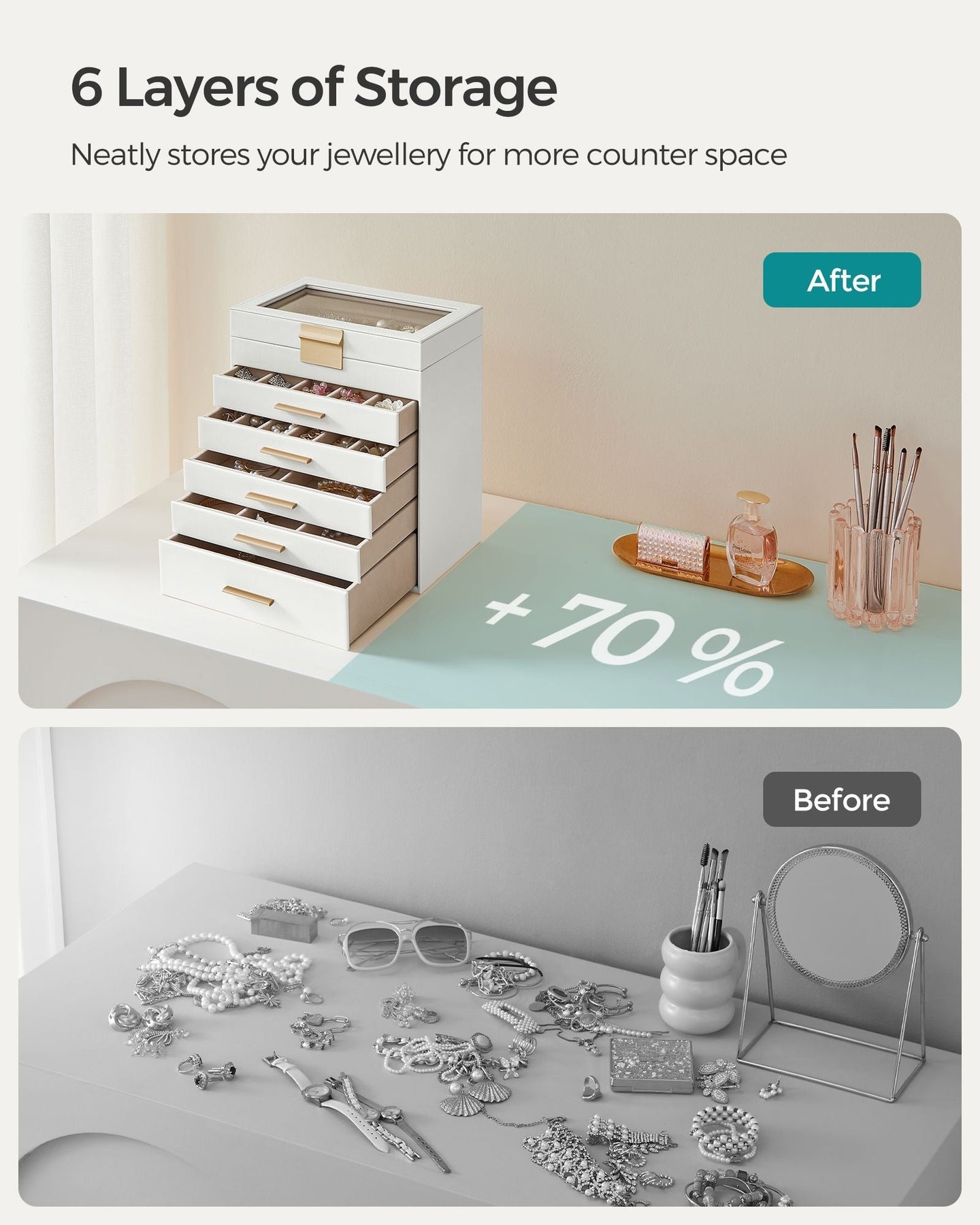 6-Tier Jewellery Box - Glass - Cloud White and Gold
