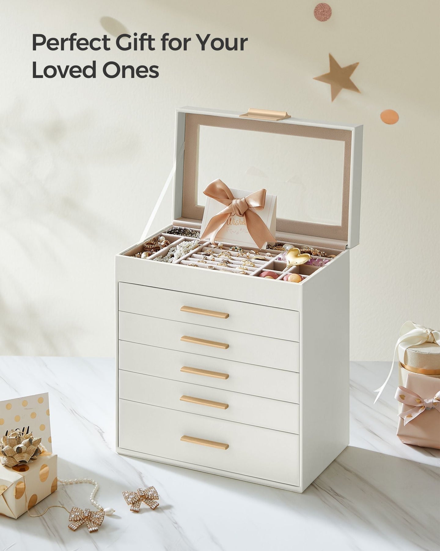 6-Tier Jewellery Box - Glass - Cloud White and Gold