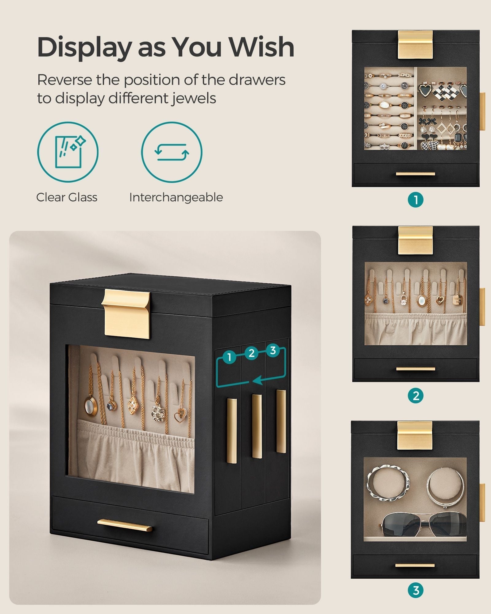 Jewellery Organiser - Glass - Cloud White - 5 Layers with 3 Side Drawers and Big Mirror