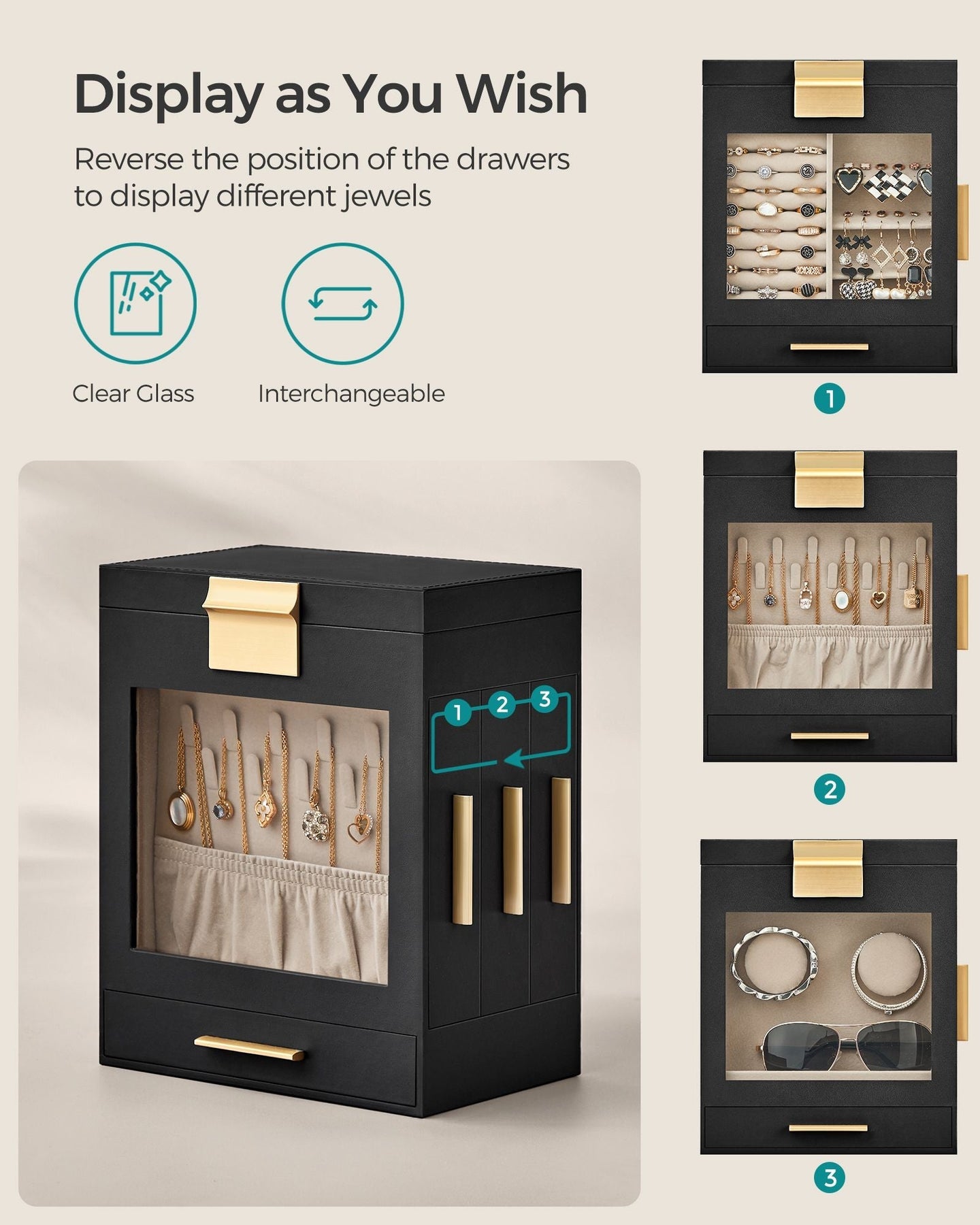 Jewellery Organiser - Glass - Cloud White - 5 Layers with 3 Side Drawers and Big Mirror