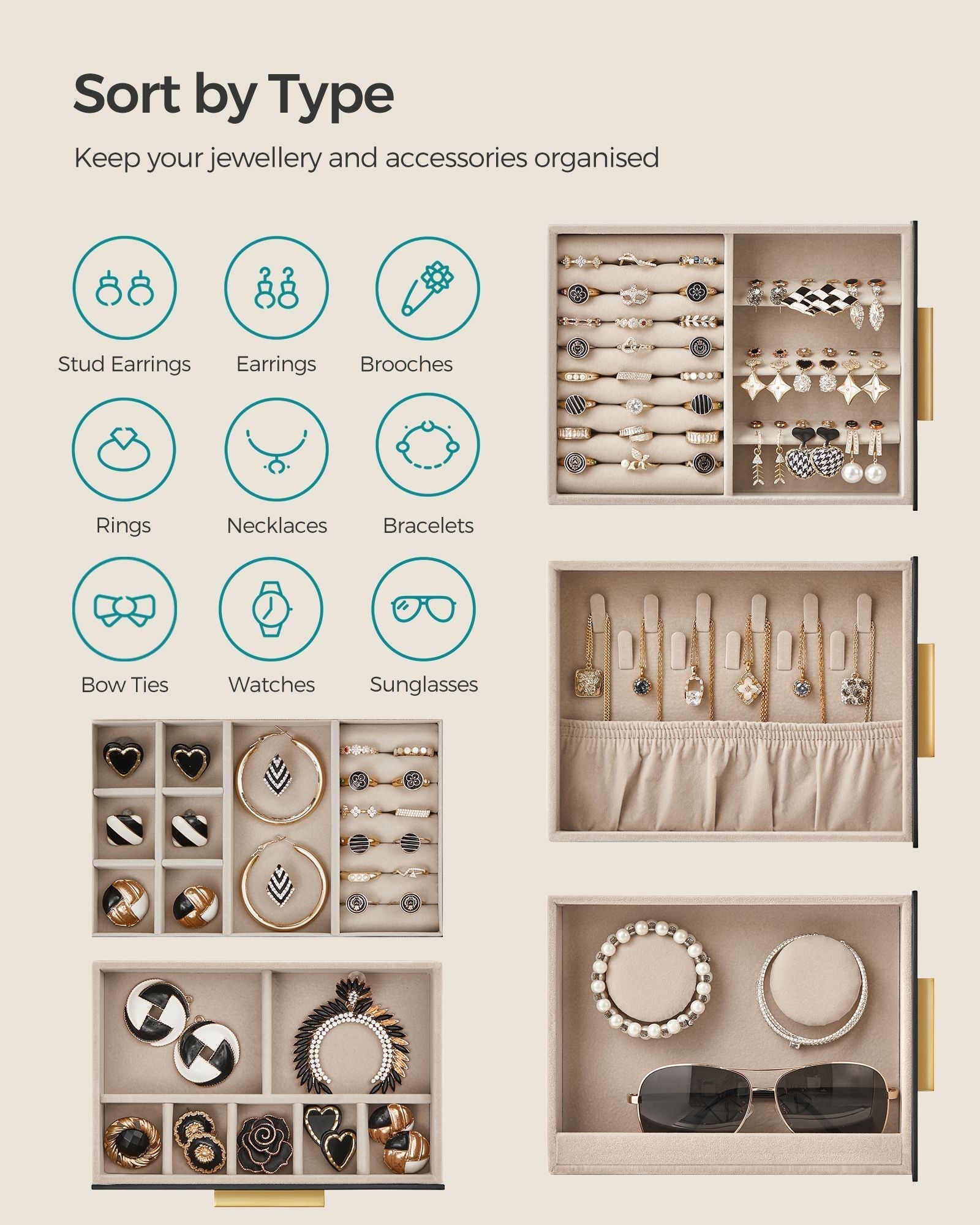 Jewellery Organiser - Glass - Cloud White - 5 Layers with 3 Side Drawers and Big Mirror