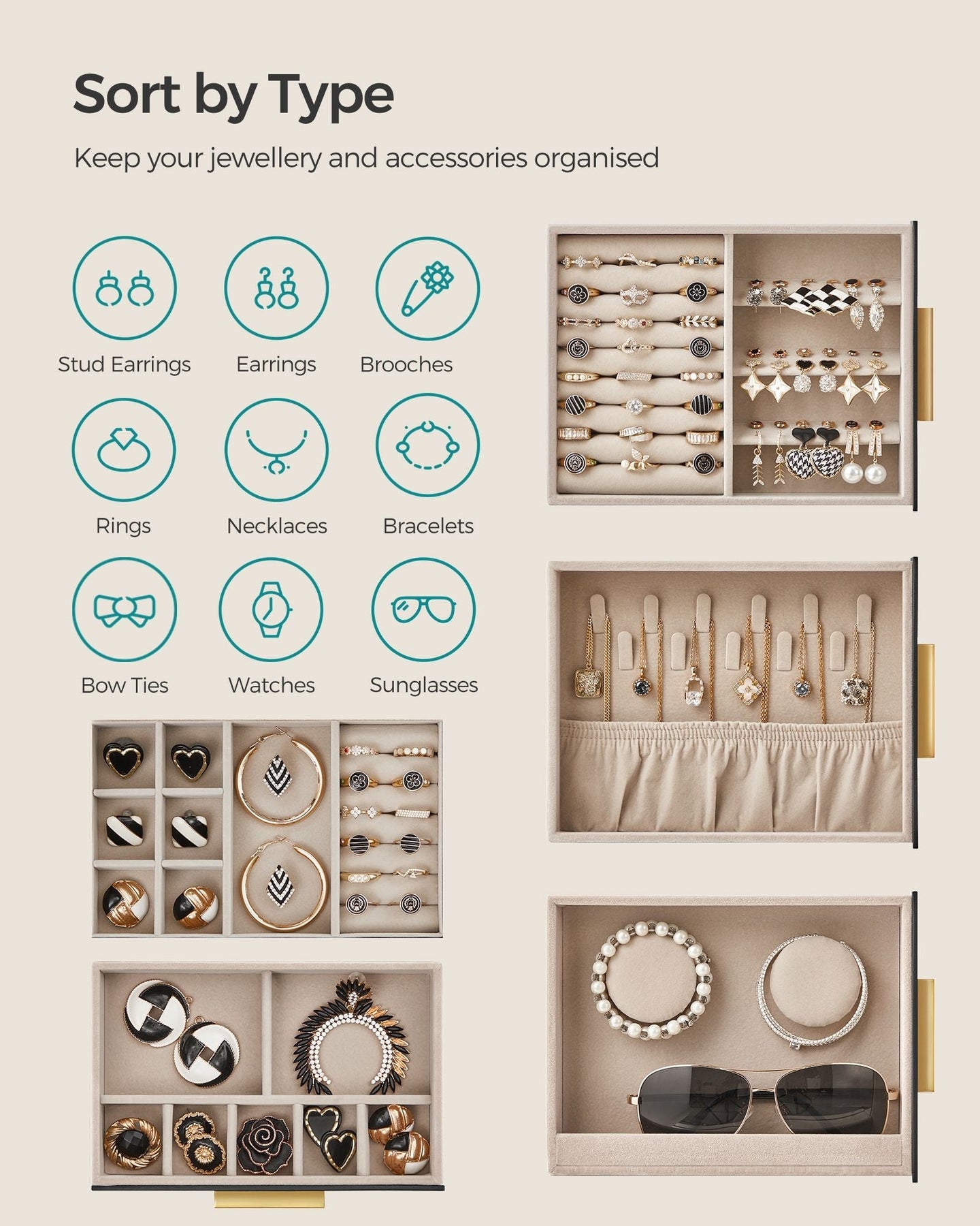 Jewellery Organiser - Glass - Cloud White - 5 Layers with 3 Side Drawers and Big Mirror