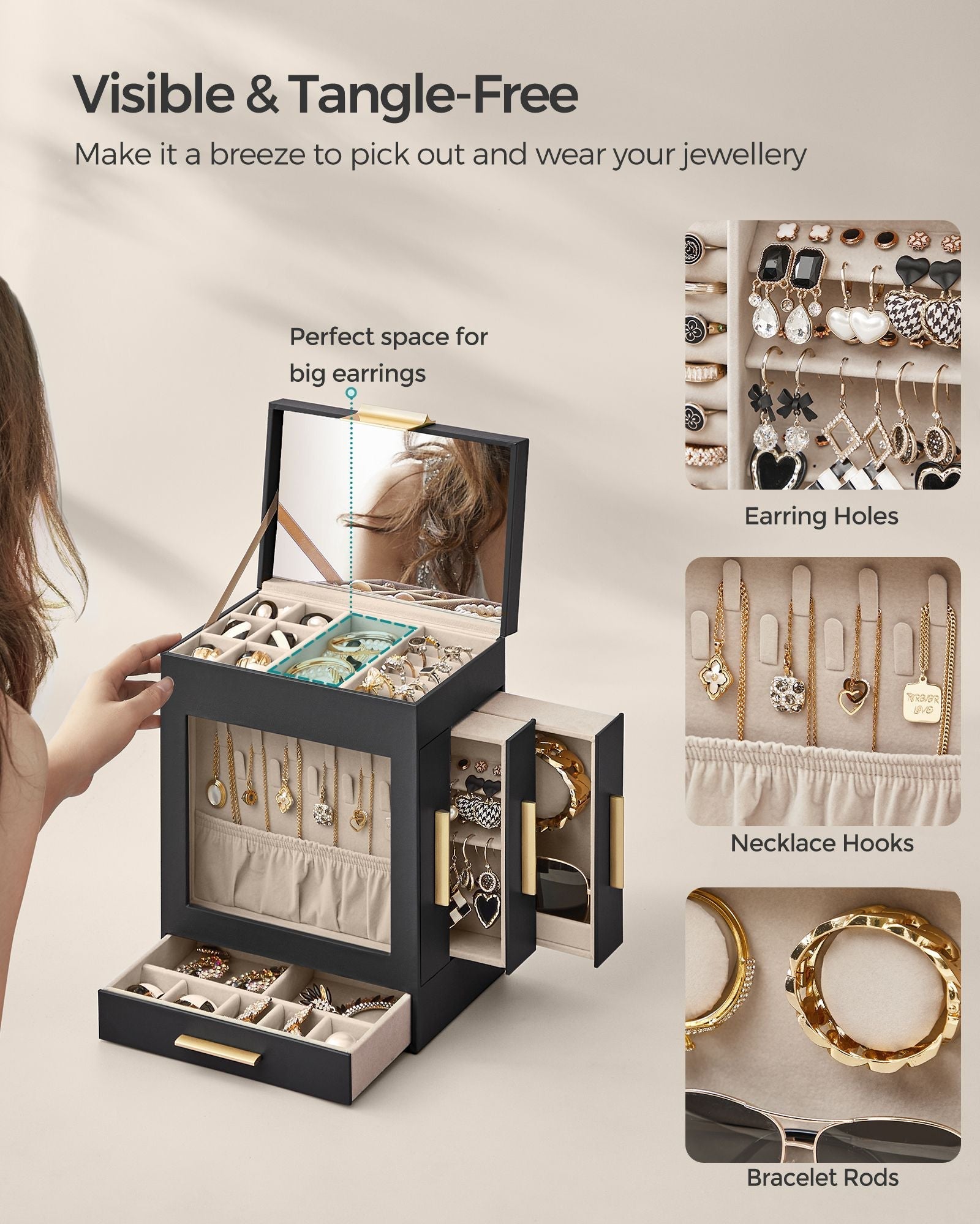 Jewellery Organiser - Glass - Cloud White - 5 Layers with 3 Side Drawers and Big Mirror