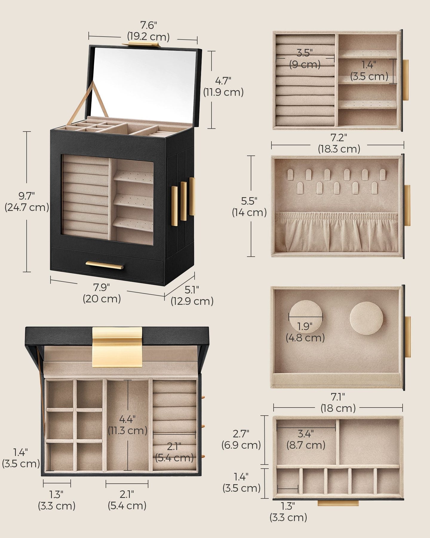 Jewellery Organiser - Glass - Cloud White - 5 Layers with 3 Side Drawers and Big Mirror