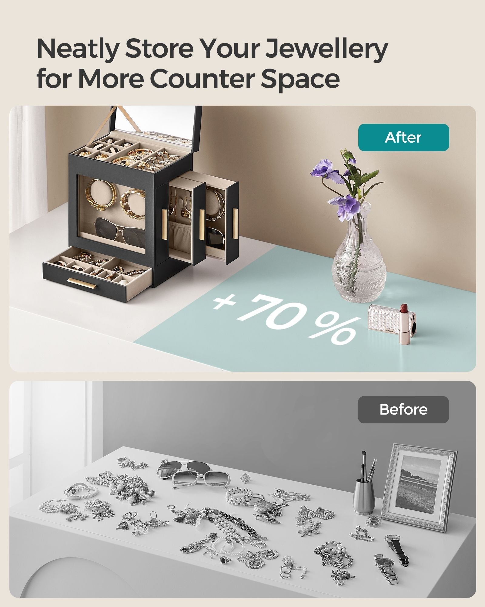 Jewellery Organiser - Glass - Cloud White - 5 Layers with 3 Side Drawers and Big Mirror