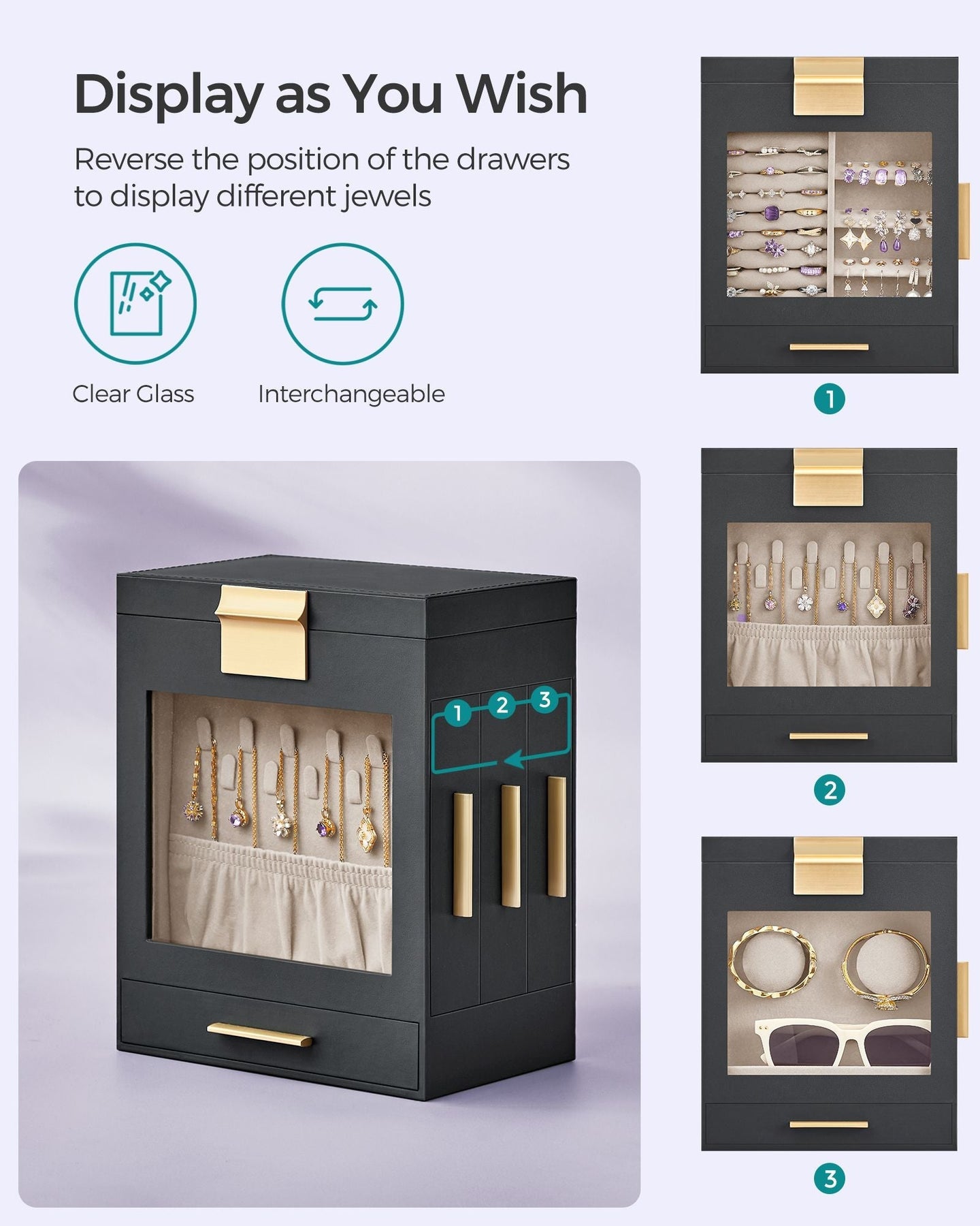 Jewellery Organiser - Glass - Cloud White - 5 Layers with 3 Side Drawers and Big Mirror