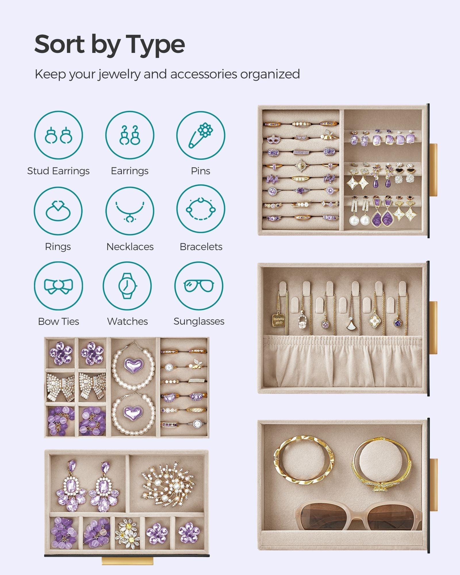 Jewellery Organiser - Glass - Cloud White - 5 Layers with 3 Side Drawers and Big Mirror