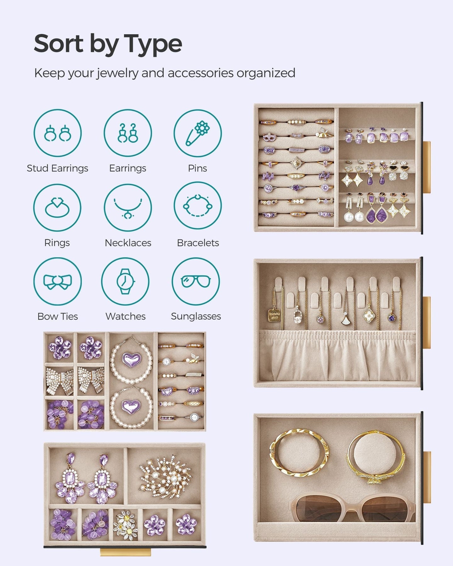 Jewellery Organiser - Glass - Cloud White - 5 Layers with 3 Side Drawers and Big Mirror