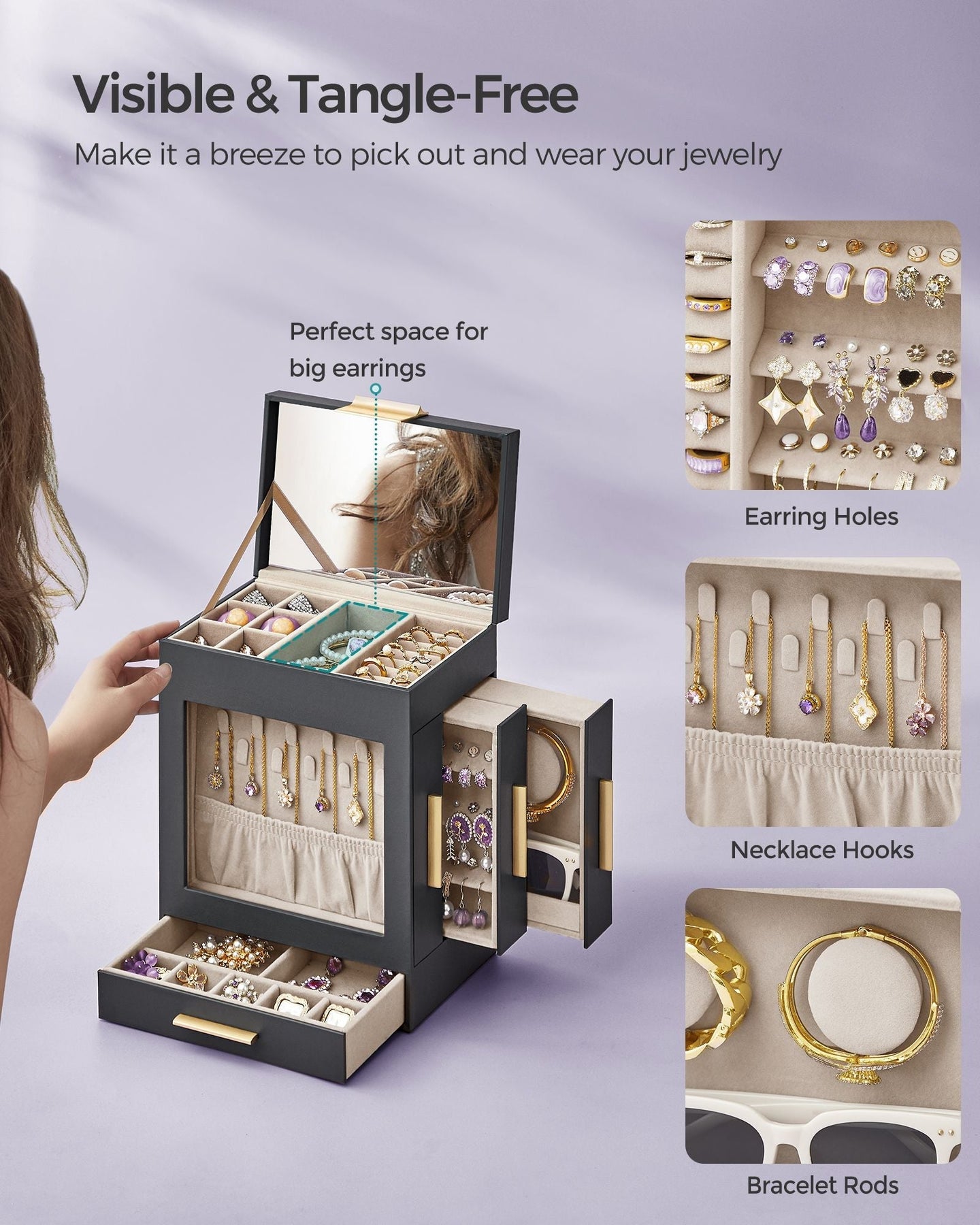 Jewellery Organiser - Glass - Cloud White - 5 Layers with 3 Side Drawers and Big Mirror