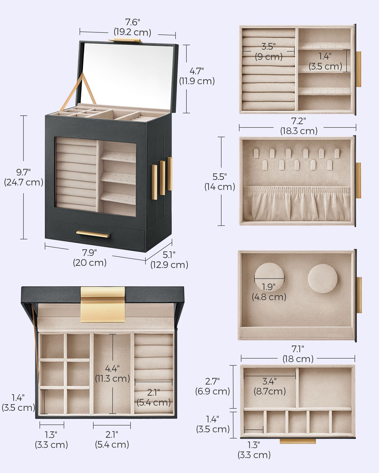 Jewellery Organiser - Glass - Cloud White - 5 Layers with 3 Side Drawers and Big Mirror