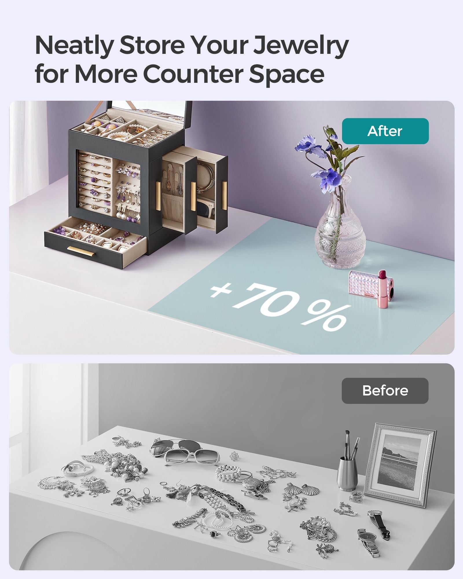 Jewellery Organiser - Glass - Cloud White - 5 Layers with 3 Side Drawers and Big Mirror